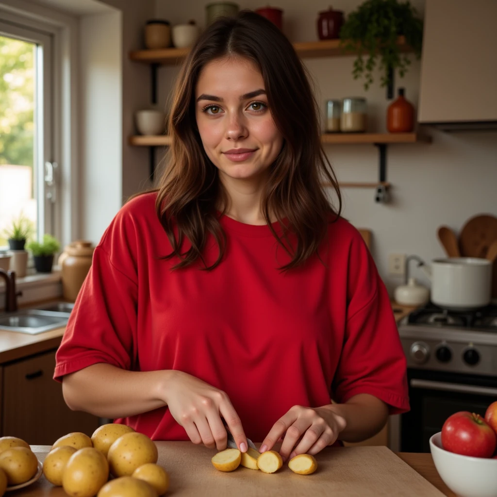 a young woman named Isabella peeling potatoes to prepare lunch, wearing an oversized red t-shirt,beautiful detailed eyes, beautiful detailed lips, extremely detailed face and skin, long eyelashes, warm and cozy kitchen interior, soft natural lighting, photorealistic, intricate details, masterpiece, 8k, high resolution, picture taken from side