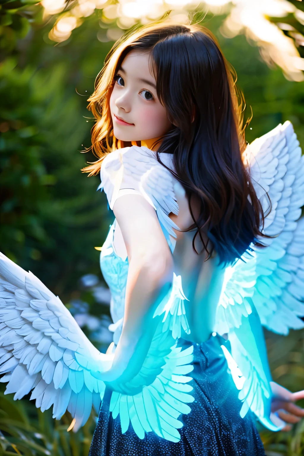 A girl with glowing angel wings on her back