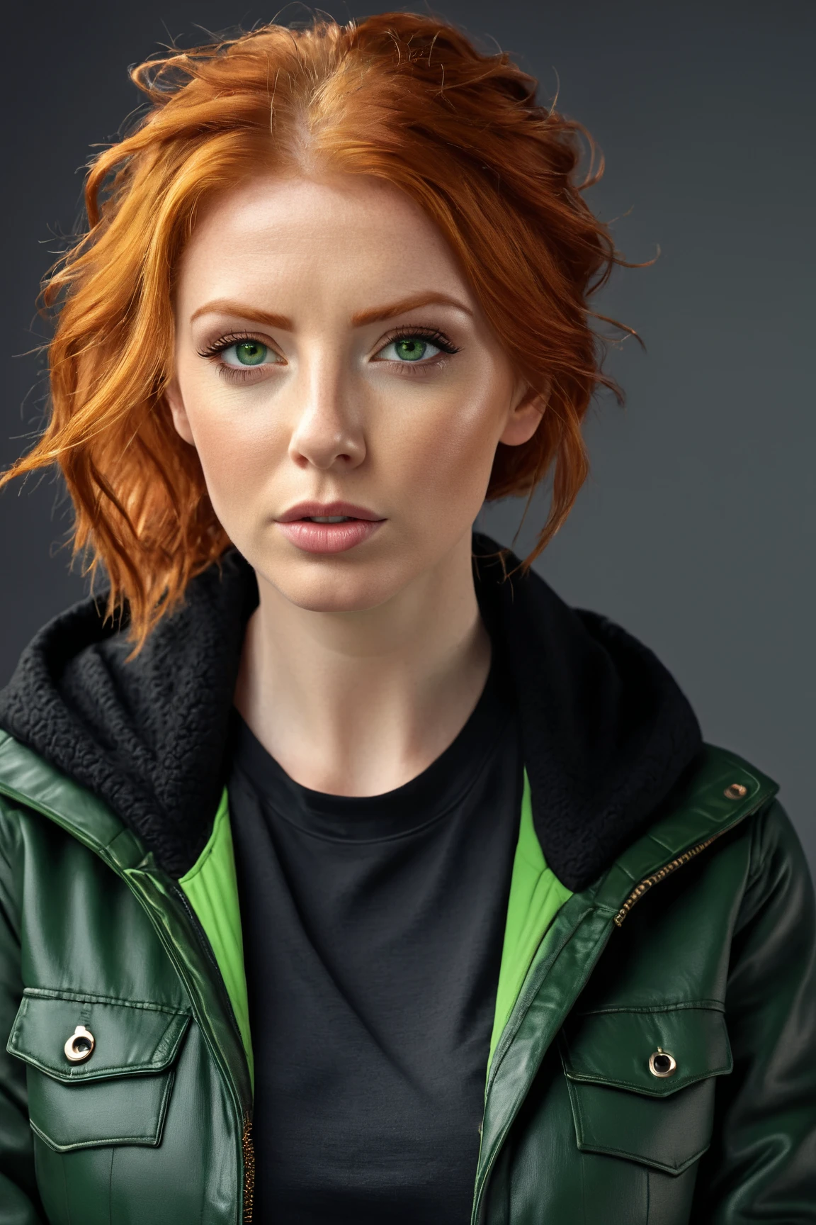 A 50 Stunning And Beautiful Woman,Closed Mouth, Green eyes, Ginger Hair,8K Octane, High Quality, HD, High Details,With Black T-Shirt and Wooly Jacket