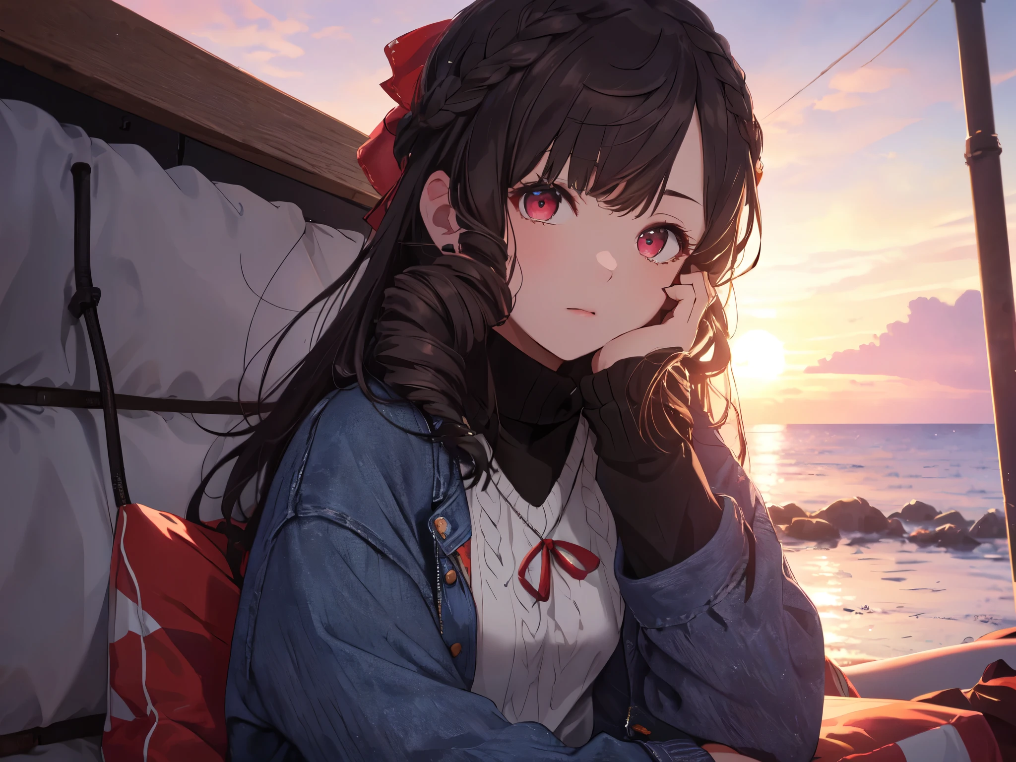 Solo, 1 Girl, (Human Ears), (Red Eyes), (Short Height), (Dark Hair, Long Hair, Hair Tied Back with Big Red Ribbon, Flower Hair Ornament in Front), (Shy), (Laying Face on Air Mattress, Hands on Head, Looking at Camera), (Denim Shorts, Black Cable Knit Sweater with Turtleneck, Heavy Clothing, Winter Clothing), (Sunset Sky, Sunset Sun, Evening Sky, Beachside), (Centered on Chest, Oblique Angle), (High Resolution, Masterpiece, Accurate, Anatomically Correct, Multiple Awards, Top Quality, Detailed, High Quality Model, High Quality, Quality, Retina, Highly Detailed, Textured Skin, Ultra High Resolution).