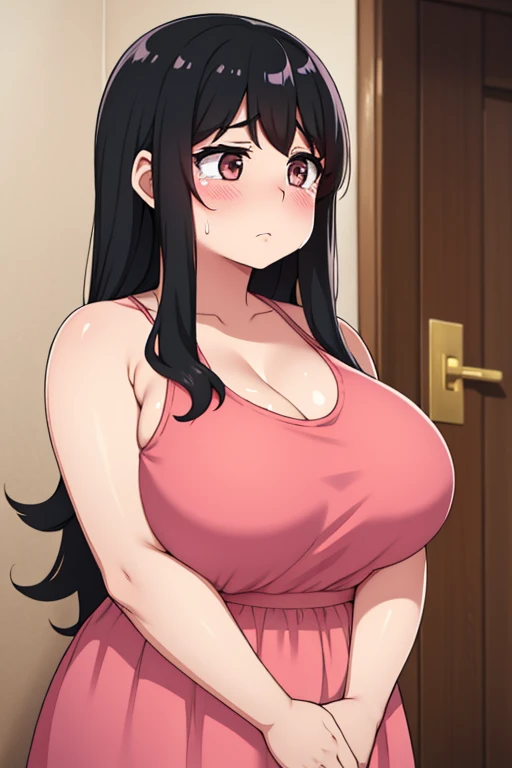 Chubby big breasts black hair brown eyes sad long hair messy blushing derdere dropping tears long pink dress with gold details