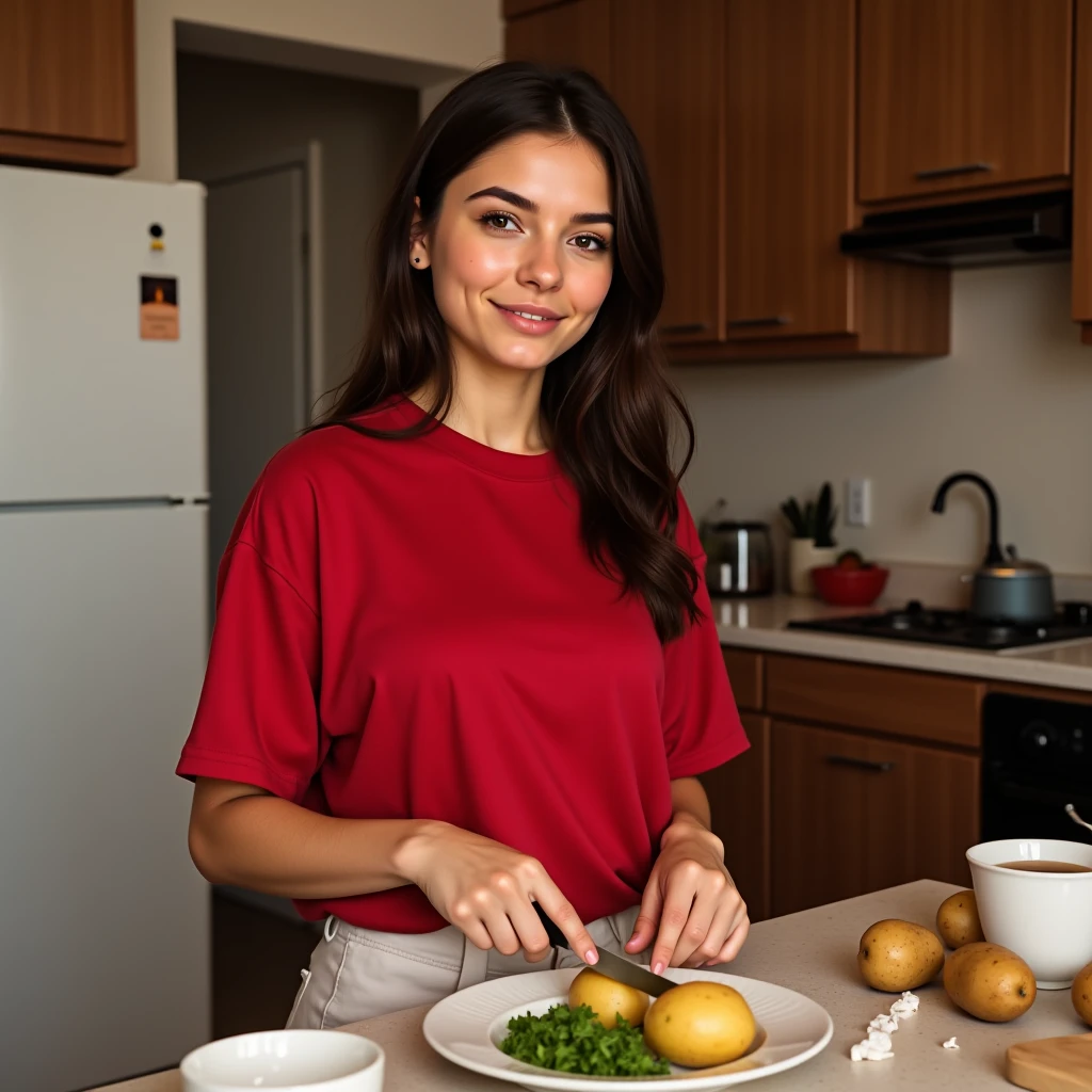 a young woman named Isabella peeling potatoes to prepare lunch, wearing an oversized red t-shirt,beautiful detailed eyes, beautiful detailed lips, extremely detailed face and skin, long eyelashes, warm and cozy kitchen interior, soft natural lighting, photorealistic, intricate details, masterpiece, 8k, high resolution, picture taken from side