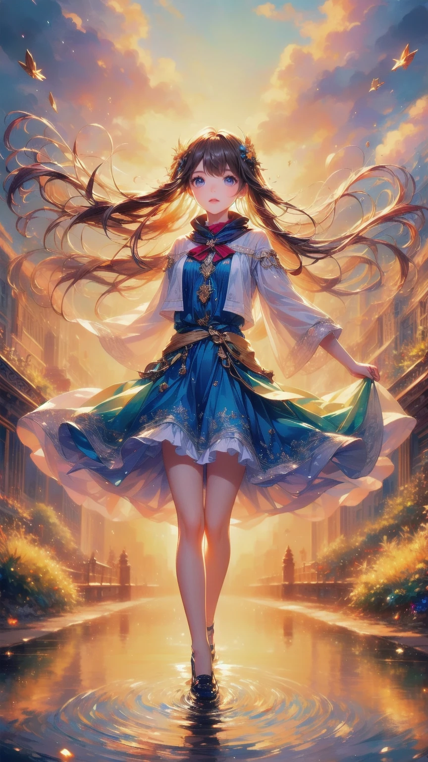 ( best quality, 8k, masterpiece,   super detailed ),  anime style,  A young girl is walking alone on the rainbow bridge that appears after the storm, ,  The bridge stretches to a bright and hopeful horizon ,  The cityscape in the background is reflected in the puddle above the bridge ,  Tiny raindrops shine like jewels in the soft light ,  The warm golden light penetrates through the dark clouds ,  A calm and uplifting atmosphere , Intricate Water Reflections , Dynamic Lighting,  dynamic angle ,  dynamic pose,  Inspiring and Heartwarming , 