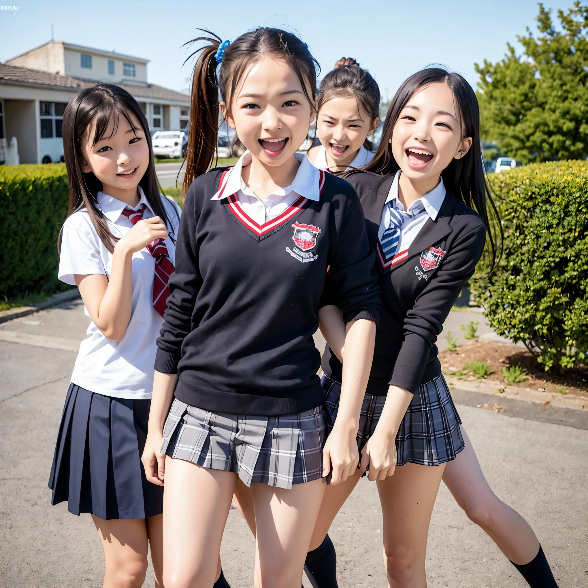 age 15、 cute girl、A happy smile、Beautiful background,  4girls、school gate、 open mouth and laugh、  all back、Uniform school uniform、 excitement 、Bold angles