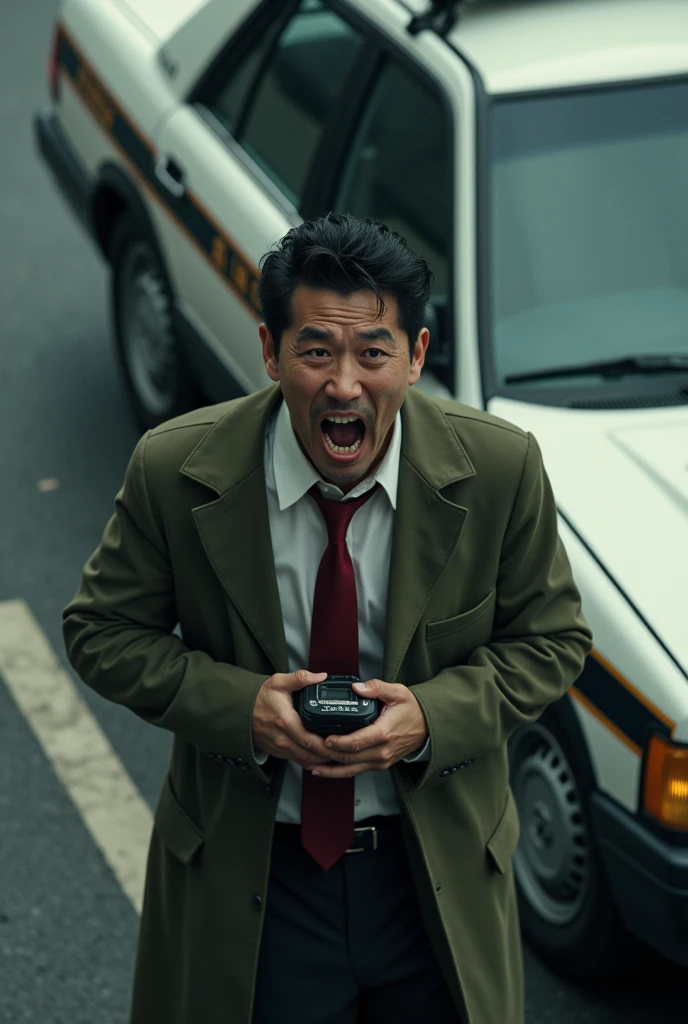 困っている男性 at side of police car,  scream and use transceiver, moss green big long coat, white shirt, red neck tie, Japan style police car, transceiver with code connected police car, view up, from above,