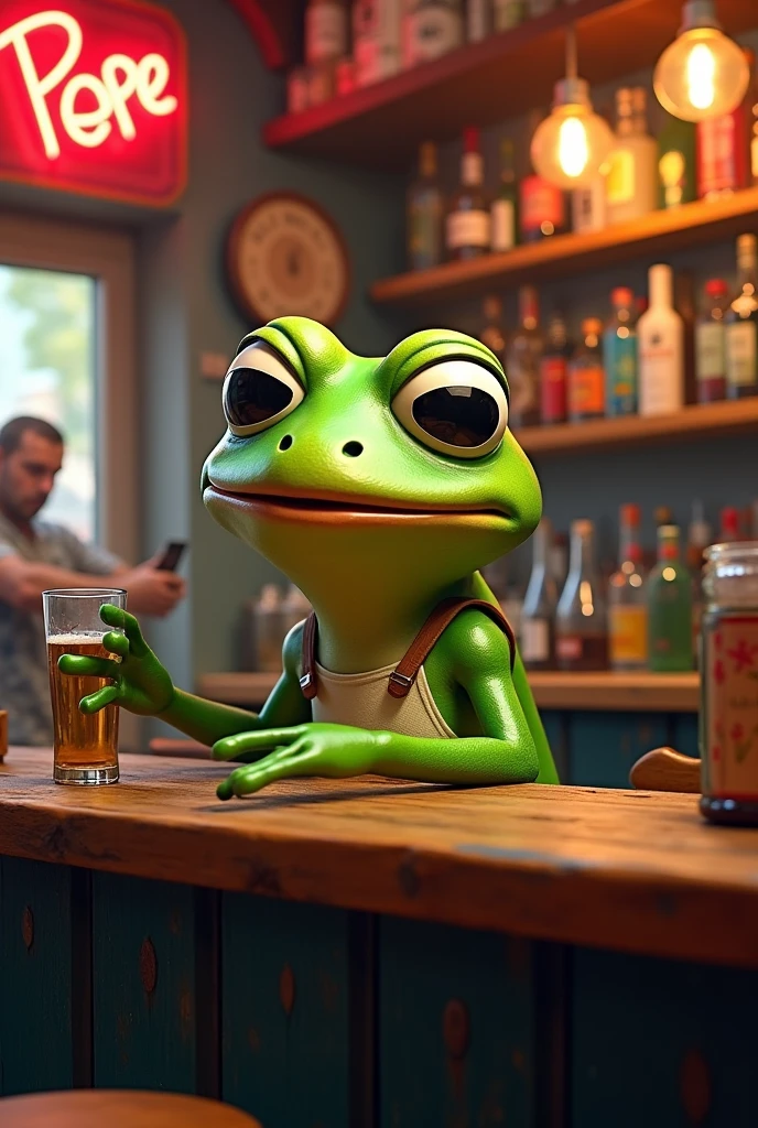 A frog sits smiling and drinking alcohol in a bar, holding a large round sign in his other hand.