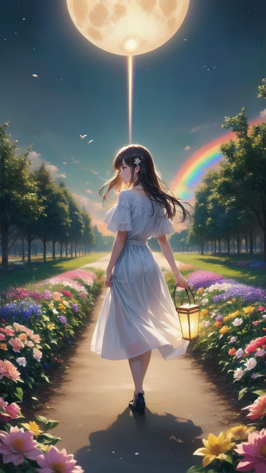   melody mark, best quality,  debris flies,1 female、Alone,(  Nostalgic Scenery:1.5),(   At the center of the world is the most beautiful woman in the world  ),Rays of light spread out,Crystals spreading from the center,prism,(Colorful flowers:1.5),(full moon: 1.2),(rainbow: 1.3),(Warm Light: 1.2),(  RAW photo), you looked back and started walking , make up for the pain of loneliness ,Inside my shaking heart,I cried like a ,Don&#39;Not going,I turned my back and started walking,I have to go before my tears fall,I pretended that I didn&#39;I don&#39; t want to be too happy ,The ideal future I was forced to leNot going of, an irretrievable wish ,   so quiet in my memory   々  ,It seems to widen the gap in my heart, every minute feels a little longer ,If I could spend time with you,Is this a world where even wishing is not allowed?,たとえ一つの嘘でもIを泣かせる,I have committed countless crimes,Touch that hand ,I tried to live quietly next to you,Inside finite memories and time, Every time I get a gift, LeNot going of the past.,Iの存在, just sitting there, It will surely fade from your memory..,I can never go back？Is this the beginning or the end?,The night I sleep in a wide bed is not yet over,またAlone夢を見るよ君の記憶を辿る夢を,I&#39; without exchanging words ,    so quiet in my memory  .,It would be nice if we could meet again with the same feelings.,