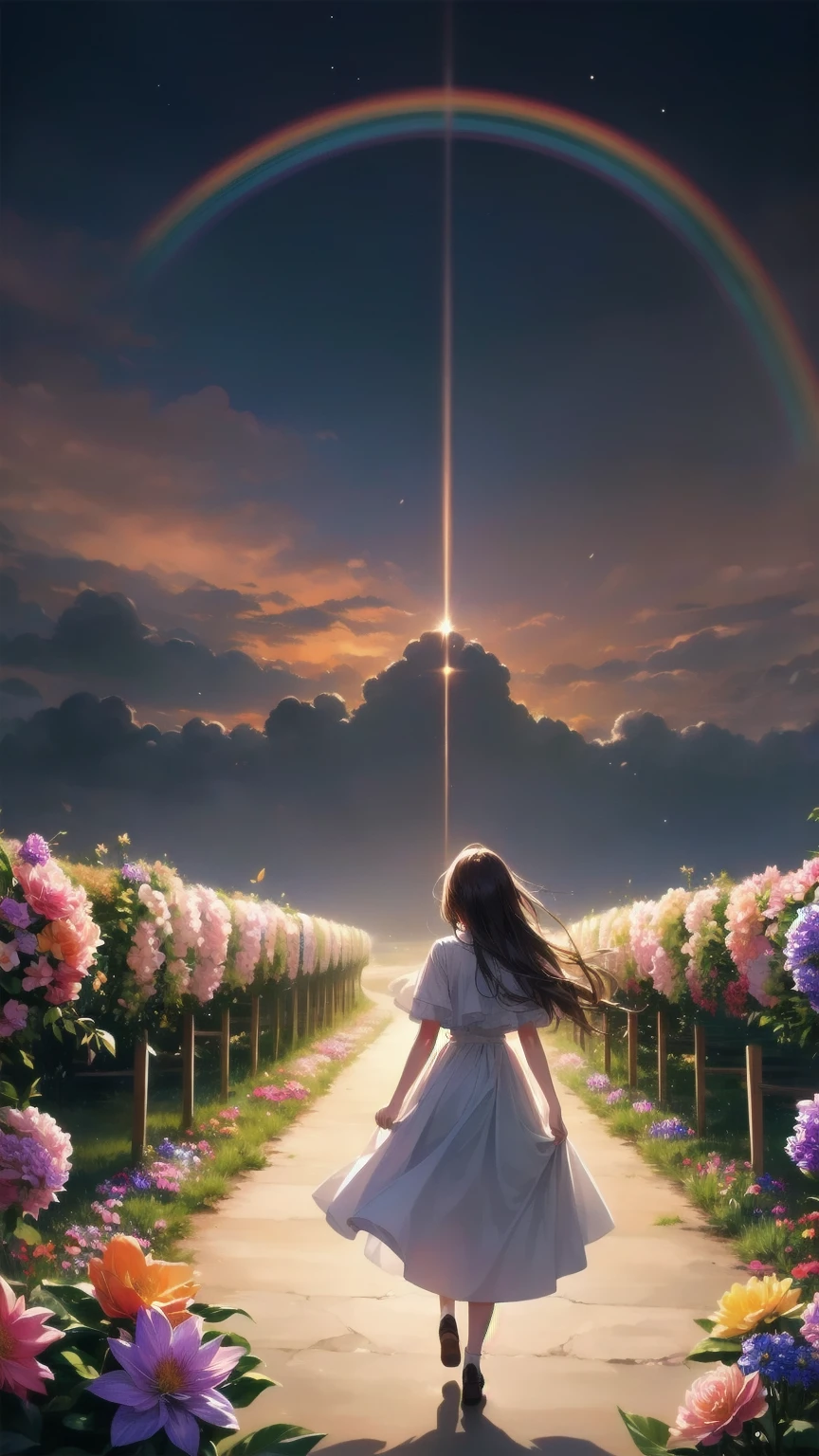   melody mark, best quality,  debris flies,1 female、Alone,(  Nostalgic Scenery:1.5),(   At the center of the world is the most beautiful woman in the world  ),Rays of light spread out,Crystals spreading from the center,prism,(Colorful flowers:1.5),(full moon: 1.2),(rainbow: 1.3),(Warm Light: 1.2),(  RAW photo), you looked back and started walking , make up for the pain of loneliness ,Inside my shaking heart,I cried like a ,Don&#39;Not going,I turned my back and started walking,I have to go before my tears fall,I pretended that I didn&#39;I don&#39; t want to be too happy ,The ideal future I was forced to leNot going of, an irretrievable wish ,   so quiet in my memory   々  ,It seems to widen the gap in my heart, every minute feels a little longer ,If I could spend time with you,Is this a world where even wishing is not allowed?,たとえ一つの嘘でもIを泣かせる,I have committed countless crimes,Touch that hand ,I tried to live quietly next to you,Inside finite memories and time, Every time I get a gift, LeNot going of the past.,Iの存在, just sitting there, It will surely fade from your memory..,I can never go back？Is this the beginning or the end?,The night I sleep in a wide bed is not yet over,またAlone夢を見るよ君の記憶を辿る夢を,I&#39; without exchanging words ,    so quiet in my memory  .,It would be nice if we could meet again with the same feelings.,