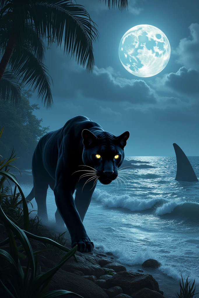 A giant cat stalks a bikini clad woman, beach by moonlight