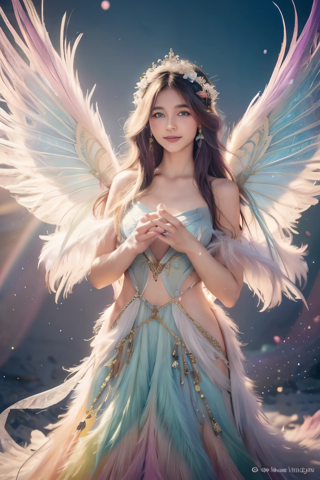 1girl, 23 years old, standing regal with open hands, symmetrical and fractal, multi-color pastel long hair, colorful (1.2), lies in a bird's nest and hatches (1.2), perfect face, sexy linagerie, oil smooth skin,  kinky and sexy smile, looking at the viewer, fairy wings, Big fairy wings, multi color pastel feather wings, fairy vibe , background of mystic realm and magic, the particles of magic light with multi color , wind forming particles in seamless fractal pattern, warm light, epic scene , HDR+, extreme detailed ,Nikon D850, masterpiece, devianart, photo-real painting