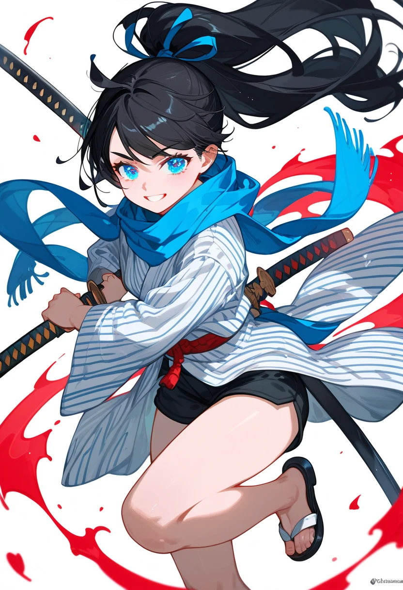 Black Haired Girl,Long hair,Ponytail, in blue eyes,Yukata set,Aggressive page,, put on the dumpling shoes.,thigh,stand,, wearing black shorts,Blue scarf,samurai,iaidow post ,Black Aura,ready to draw post,Evil Smile,Red fluorescent eyes,Katana sword