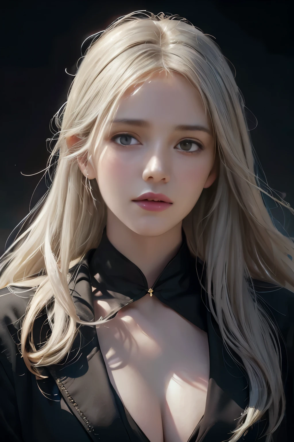 Hyperrealist portrait of female by david hockney and alphonse mucha,fantasy art, photo realistic, dynamic lighting, artstation, poster, volumetric lighting, very detailed faces, 4 k, award winning,, 1girl, in the dark, deep shadow, low key,cowboy shot,(official clothing:1.4) ,long hair,white hair,