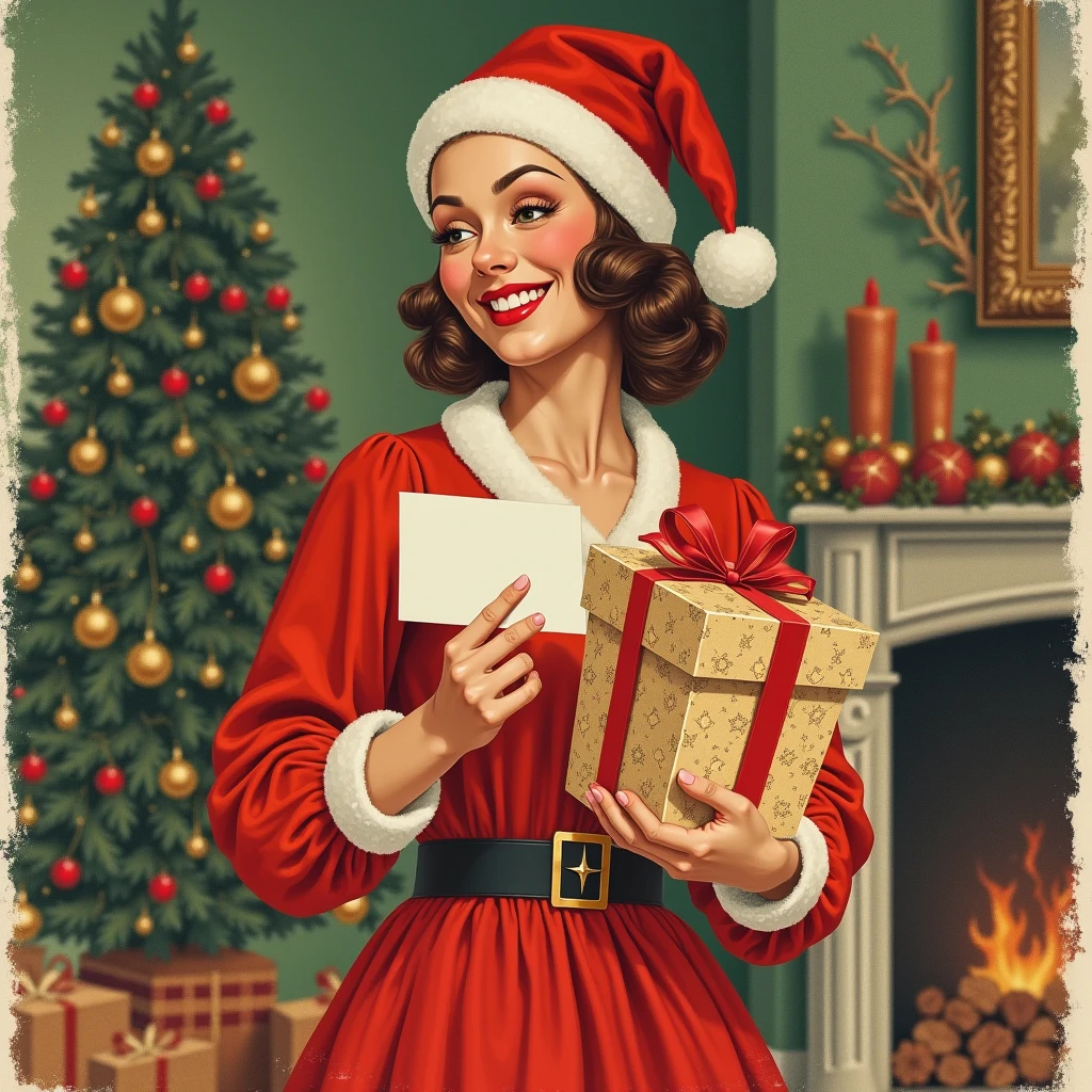 portrait of a woman, 1950s style, brown hair and eyes, holding a golden box, comic book style