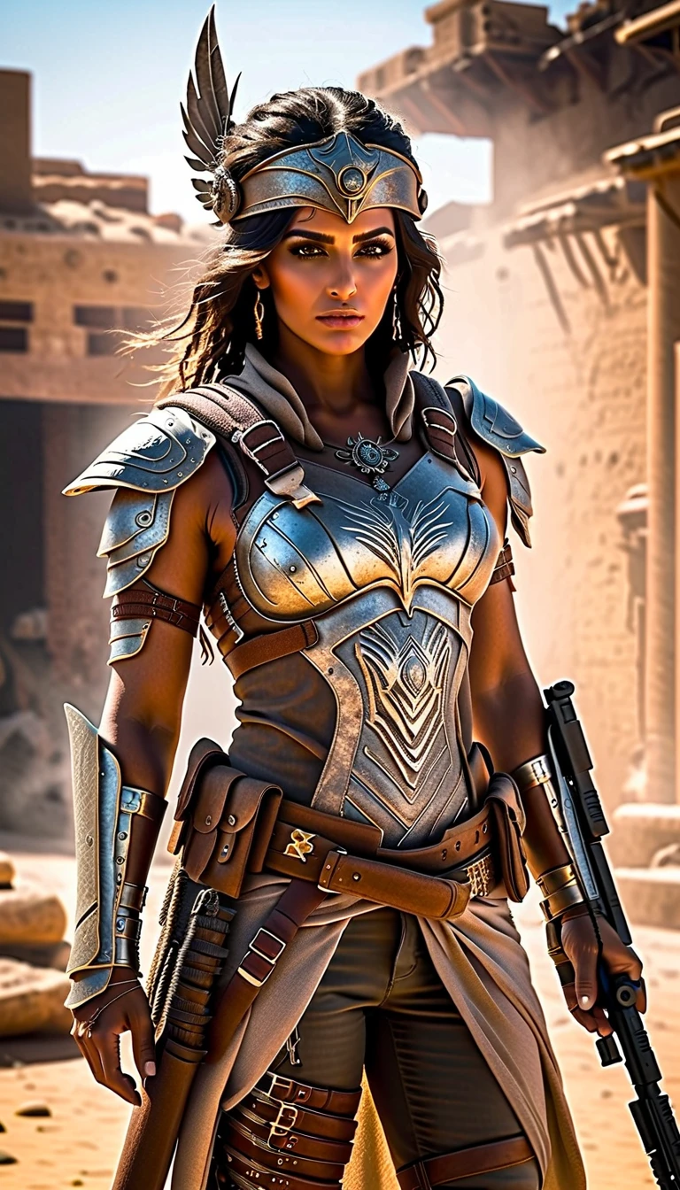 Full body from head to toe, highly detailed and photorealistic depiction of a Persian female post-apocalyptic warrior. She exudes confidence and resilience, wearing a scratched silver combat suit with intricate biomechanical details and a weathered leather jacket layered over her armor. Wearing a hat with crow feathers , apocalyptic soldier gear, with subtle tactical designs. The outfit includes gradient lighting effects reflecting off metallic surfaces, emphasizing the advanced technology of her attire. Her ensemble combines elegance and functionality, adorned with carefully detailed straps, holsters, and protective gear. She carries a futuristic weapon, a hybrid rifle with glowing accents. Her boots are reinforced with rugged detailing, suitable for traversing harsh terrains. The background shows a post-apocalyptic urban wasteland bathed in dramatic lighting, with dust and ruins framing the scene. Barbed wire wrapped around the character, The character is ready for action, her determined gaze capturing the spirit of survival. Perfect for a dynamic shooter game character.
