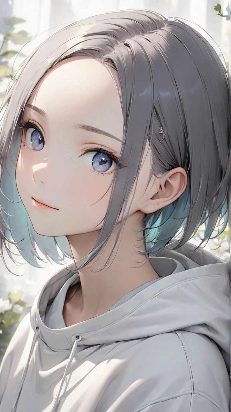 (8k, best quality, masterpiece:1.5), a calm and introspective young woman, short slightly tousled light gray hair with a faint bluish tint, sleek and casual hairstyle with soft layers, boyish and androgynous charm, serene expression, subtle and gentle smile, minimalist and casual outfit, modern streetwear elements, oversized hoodie or plain t-shirt, relaxed-fit pants in neutral tones, soft natural light, tranquil and dreamy mood, ethereal and mysterious atmosphere,  (high quality, masterpiece), cute face, pixie cut, clear skin, vibrant colors, simple background, (dark gray hair with side undercut:1.3), (forehead:1.3), (low hair volume:1.5), (Parted Bangs:1.3), (shaved sides hair:1.1),BREAK), (Super straight hair:1.3), (forehead:1.7)