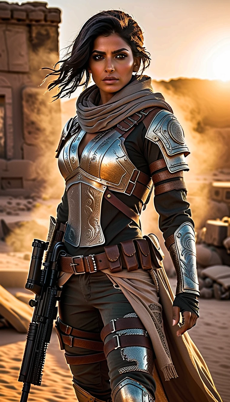 Full body from head to toe, highly detailed and photorealistic depiction of a Persian female post-apocalyptic warrior. She exudes confidence and resilience, wearing a scratched silver combat suit with intricate biomechanical details and a weathered leather jacket layered over her armor. Wearing a hat with crow feathers , apocalyptic soldier gear, with subtle tactical designs. The outfit includes gradient lighting effects reflecting off metallic surfaces, emphasizing the advanced technology of her attire. Her ensemble combines elegance and functionality, adorned with carefully detailed straps, holsters, and protective gear. She carries a futuristic weapon, a hybrid rifle with glowing accents. Her boots are reinforced with rugged detailing, suitable for traversing harsh terrains. The background shows a post-apocalyptic urban wasteland bathed in dramatic lighting, with dust and ruins framing the scene. Barbed wire wrapped around the character, The character is ready for action, her determined gaze capturing the spirit of survival. Perfect for a dynamic shooter game character.
