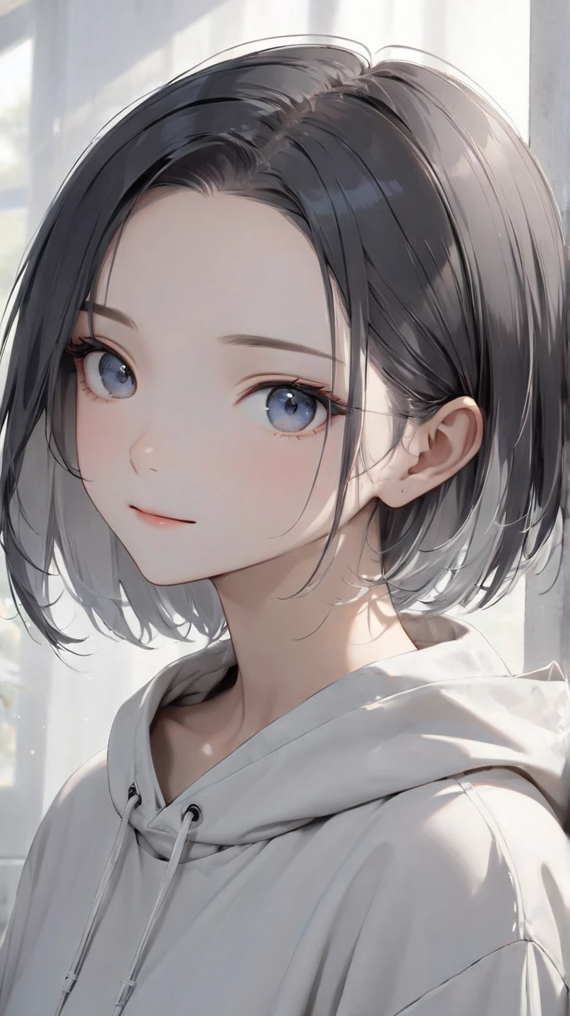 (8k, best quality, masterpiece:1.5), a calm and introspective young woman, short slightly tousled light gray hair with a faint bluish tint, sleek and casual hairstyle with soft layers, boyish and androgynous charm, serene expression, subtle and gentle smile, minimalist and casual outfit, modern streetwear elements, oversized hoodie or plain t-shirt, relaxed-fit pants in neutral tones, soft natural light, tranquil and dreamy mood, ethereal and mysterious atmosphere,  (high quality, masterpiece), cute face, pixie cut, clear skin, vibrant colors, simple background, (dark gray hair with side undercut:1.3), (forehead), (low hair volume:1.5), (Parted Bangs), (shaved sides hair:1.1),BREAK), (Super straight hair:1.3), (forehead:1.7)