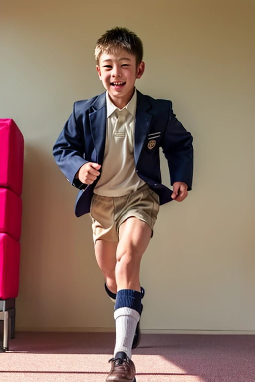 A young middle school boy was extremely large muscles happily runs to school his Japanese Middle School uniform accommodates his surprising silhouette of muscle