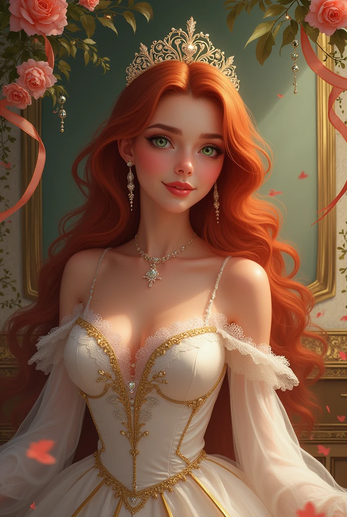 Renaissance, 8K, photo shot from front, mid-body portrait, highly-detailed, girl holding a bouquet of flowers, wearing a long, flowing red dress, demure expression, wavy blonde hair, [Scarlett Johansson|Margot Robbie], in a classical and elegant setting, with detailed and intricate renaissance-style paintings, clear background, soft lighting