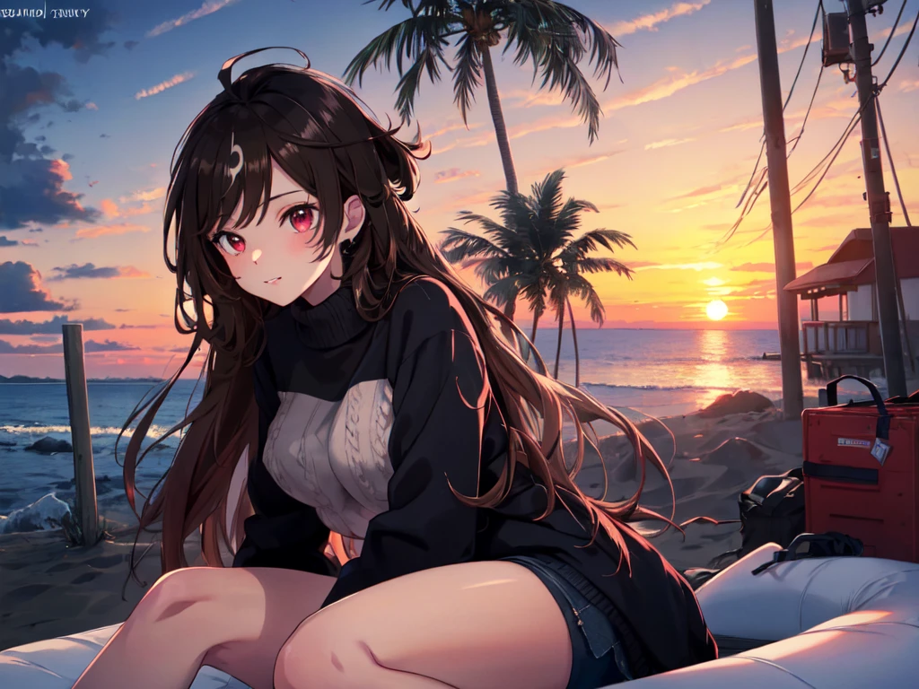 Solo, 1 Girl, (Human Ears), (Red Eyes), (Short), (Black Hair, Long Hair, Hair Tied in Big Red Ribbon, Flower Hair Ornament in Front), (Yandere), (Laying Face on Air Mattress, Hands on Head, Looking at Camera), (Denim Shorts, Black Cable Knit Sweater with Turtleneck, Heavy Clothing, Winter Clothing), (Sunset Sky, Sunset Sun, Evening Sky, Beachside), (Focus on Chest, Oblique Angle), (High Resolution, Masterpiece, Accurate, Anatomically Correct, Multiple Awards, Top Quality, Detailed, High Quality Model, High Quality, Quality, Retina, Highly Detailed, Textured Skin, Ultra High Resolution).