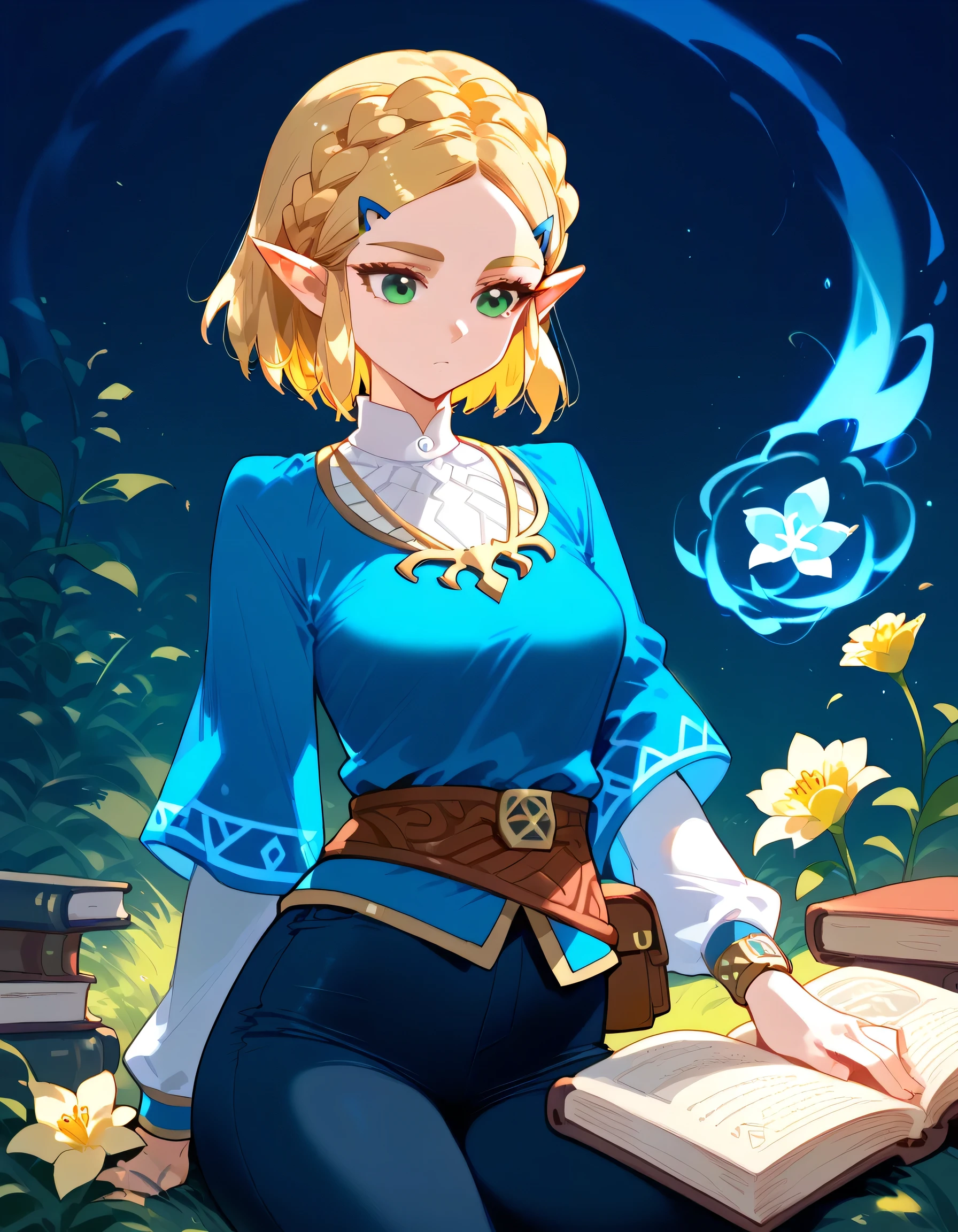   Princess Zelda  ,   1 girl ,   ARTIST REQUEST , belt,   blonde hair  , blue   shirt, books,   boots, Expressionless, whole body, Green Eyes,   high definition  ,   Watch Viewers,   magic  , Nintendo, pants, pointy ears,   shirt,   Short Hair  ,   simple background, Alone,   The Legend of Zelda,   The Legend of Zelda:   Breath of the Wild  ,   The Legend of Zelda: Tears of the Kingdom, Flower of Light,   magic  