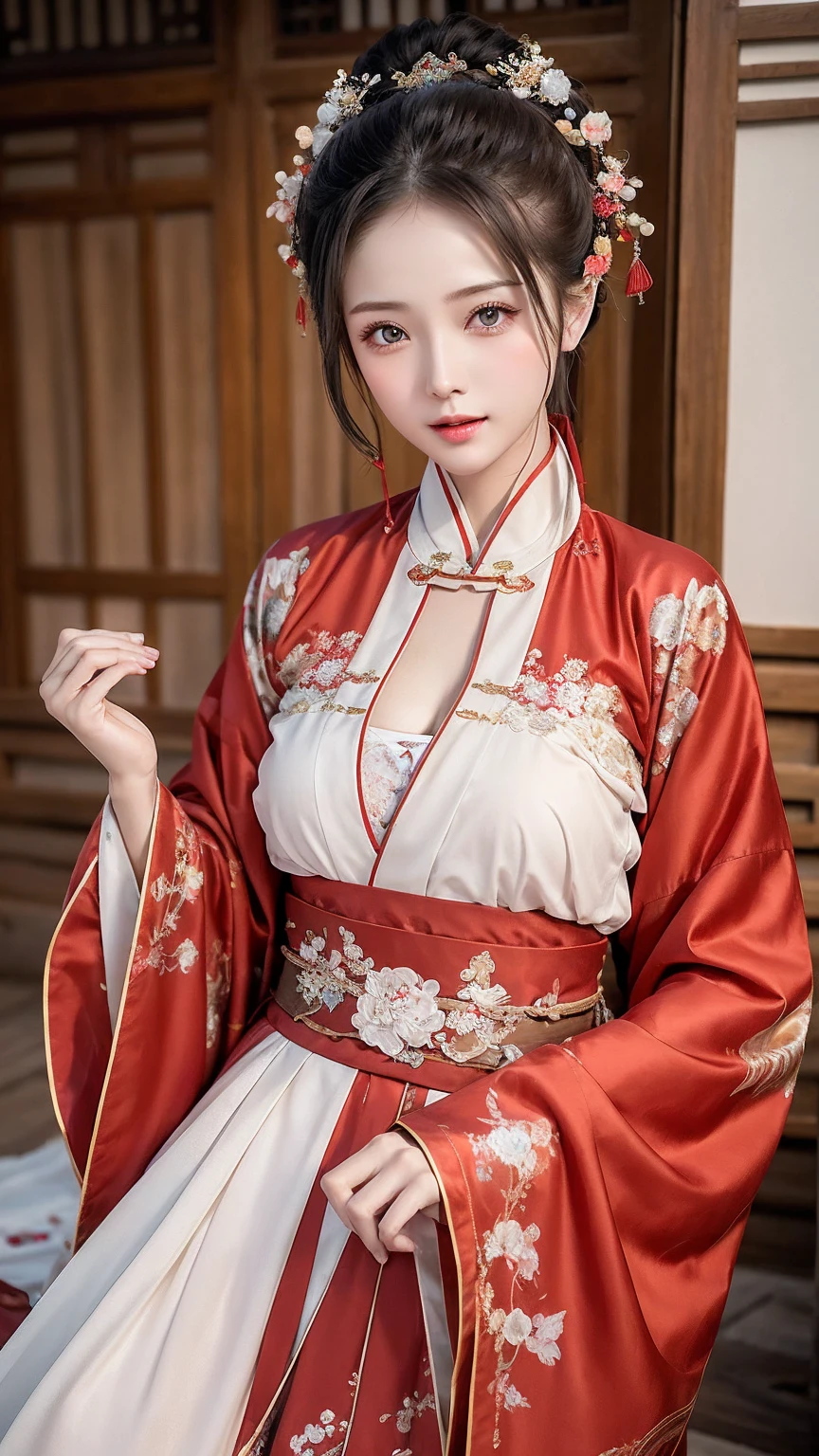 , a female warrior with beautiful eyes, a face with a hundred seductive smiles, beautiful hair boxing with beautiful jewelry, smooth skin, beautiful breasts, cuff-shaped breasts (Dark red antique hanfu dress ) Open shoulder show, split chest, female warrior, wooden tavern, ancient Chinese teahouse by the water, ancient Chinese style decoration