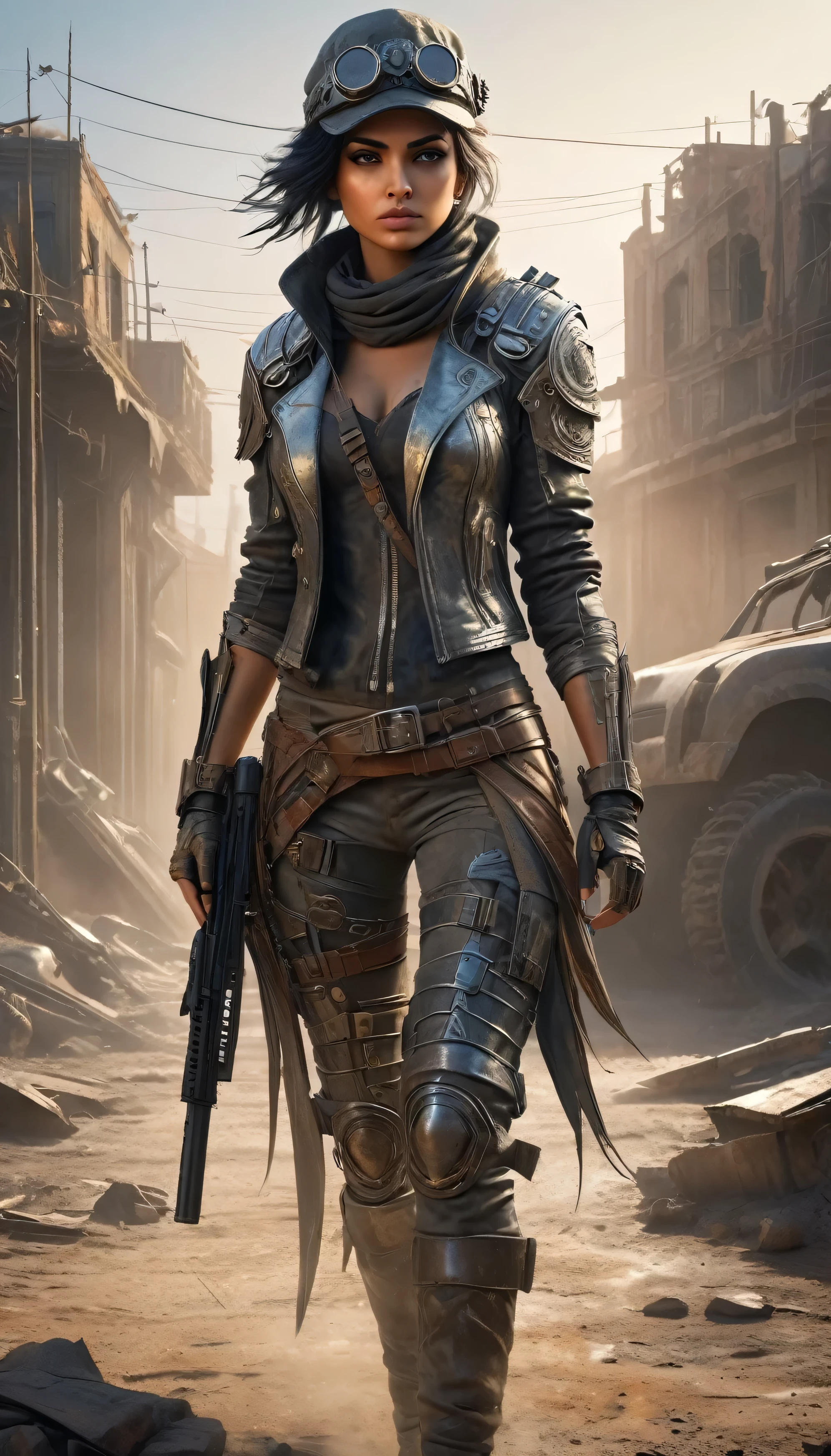 Full body from head to toe, highly detailed and photorealistic depiction of a Persian female post-apocalyptic warrior. She exudes confidence and resilience, wearing a scratched silver combat suit with intricate biomechanical details and a weathered leather jacket layered over her armor. Wearing a hat with crow feathers , apocalyptic soldier gear, with subtle tactical designs. The outfit includes gradient lighting effects reflecting off metallic surfaces, emphasizing the advanced technology of her attire. Her ensemble combines elegance and functionality, adorned with carefully detailed straps, holsters, and protective gear. She carries a futuristic weapon, a hybrid rifle with glowing accents. Her boots are reinforced with rugged detailing, suitable for traversing harsh terrains. The background shows a post-apocalyptic urban wasteland bathed in dramatic lighting, with dust and ruins framing the scene. Barbed wire wrapped around the character, The character is ready for action, her determined gaze capturing the spirit of survival. Perfect for a dynamic shooter game character.
