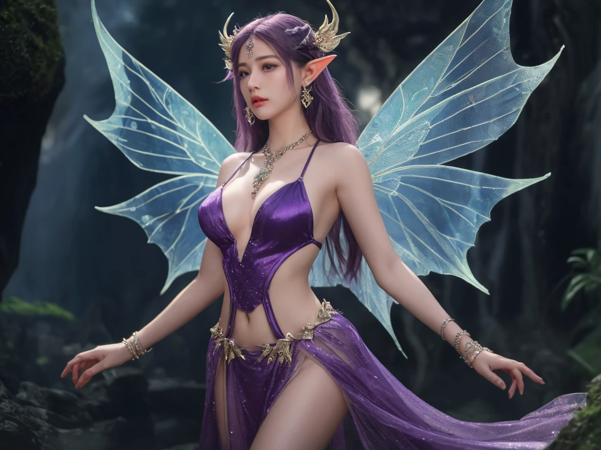 oil painting, a female fairy with red hair , purple eyes , elf ears, red hair styled in a pony tail, translucent colorful fairy wings, wearing a white dress with purple detailing, ornate, high detail, panned out view, Gloomy Illumination, dramatic, Glow effects, (dark fantasy:1. 1), [style of John Blanche, style of Ed Binkley, style of Amy Brown], 16k, UHD, HDR, (Masterpiece:1. 5), (best quality:1. 5)
