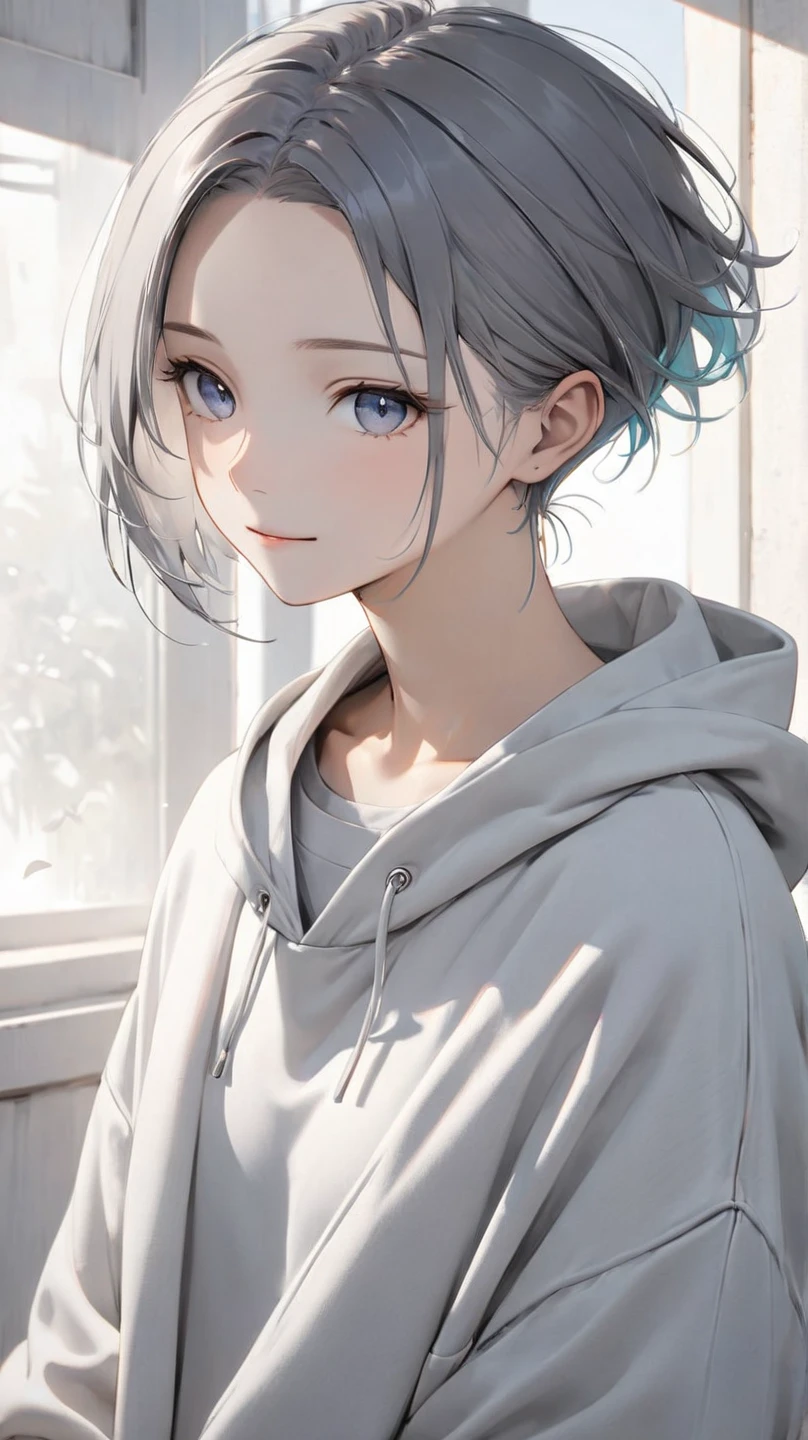 (8k, best quality, masterpiece:1.5), a calm and introspective young woman, short slightly tousled light gray hair with a faint bluish tint, sleek and casual hairstyle with soft layers, boyish and androgynous charm, serene expression, subtle and gentle smile, minimalist and casual outfit, modern streetwear elements, oversized hoodie or plain t-shirt, relaxed-fit pants in neutral tones, soft natural light, tranquil and dreamy mood, ethereal and mysterious atmosphere,  pixie cut, clear skin, vibrant colors, simple background, (dark gray hair with side undercut), (forehead), (low hair volume), (Parted Bangs), (shaved sides hair), 