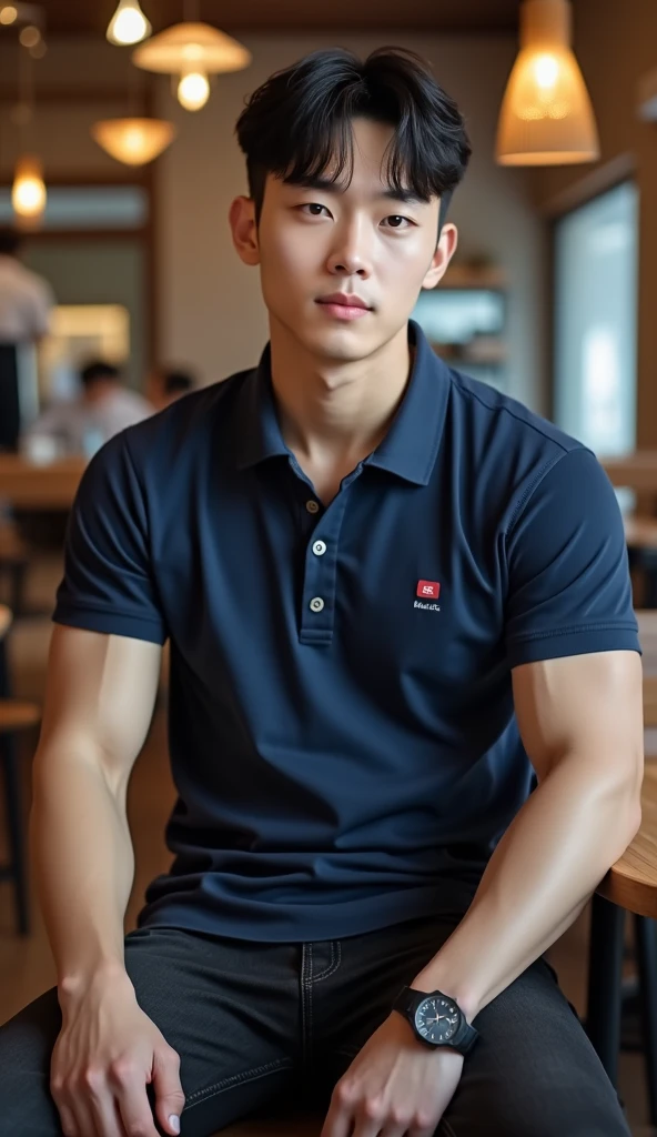 Tony Labrusca, ((realistic daylight)) , Young Korean man in a navy blue polo shirt and jeans, A handsome, muscular young Asian man looks at the camera. In a simple t-shirt blue and red , roadside traffic ,((look sideways))