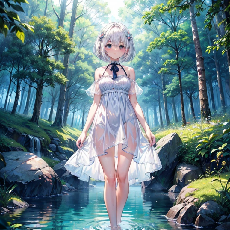 In Claude Monet style, Impressionism, 1girl, upper body focus, (white camisole dress), , full body Esbian, short silver hair, pond, wet, ((curtsey)), elf ear, nipples through, see-through, puffy nipples