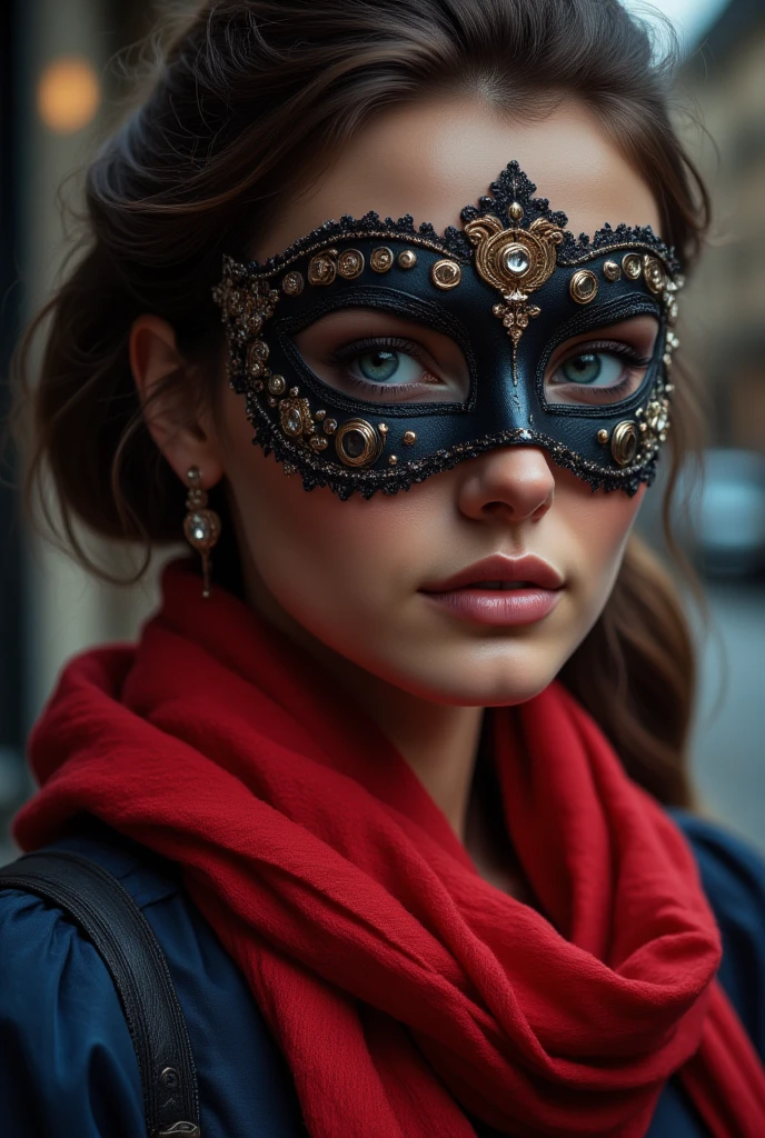 A close-up shot of a woman's face, adorned with a red scarf and a blue blouse. The woman's eyes are a piercing blue, and her head is covered with a black mask. The mask is adorned with gold circles and designs, adding a touch of sparkle to the outfit. The background of the image is blurred, creating a sense of depth and composition.