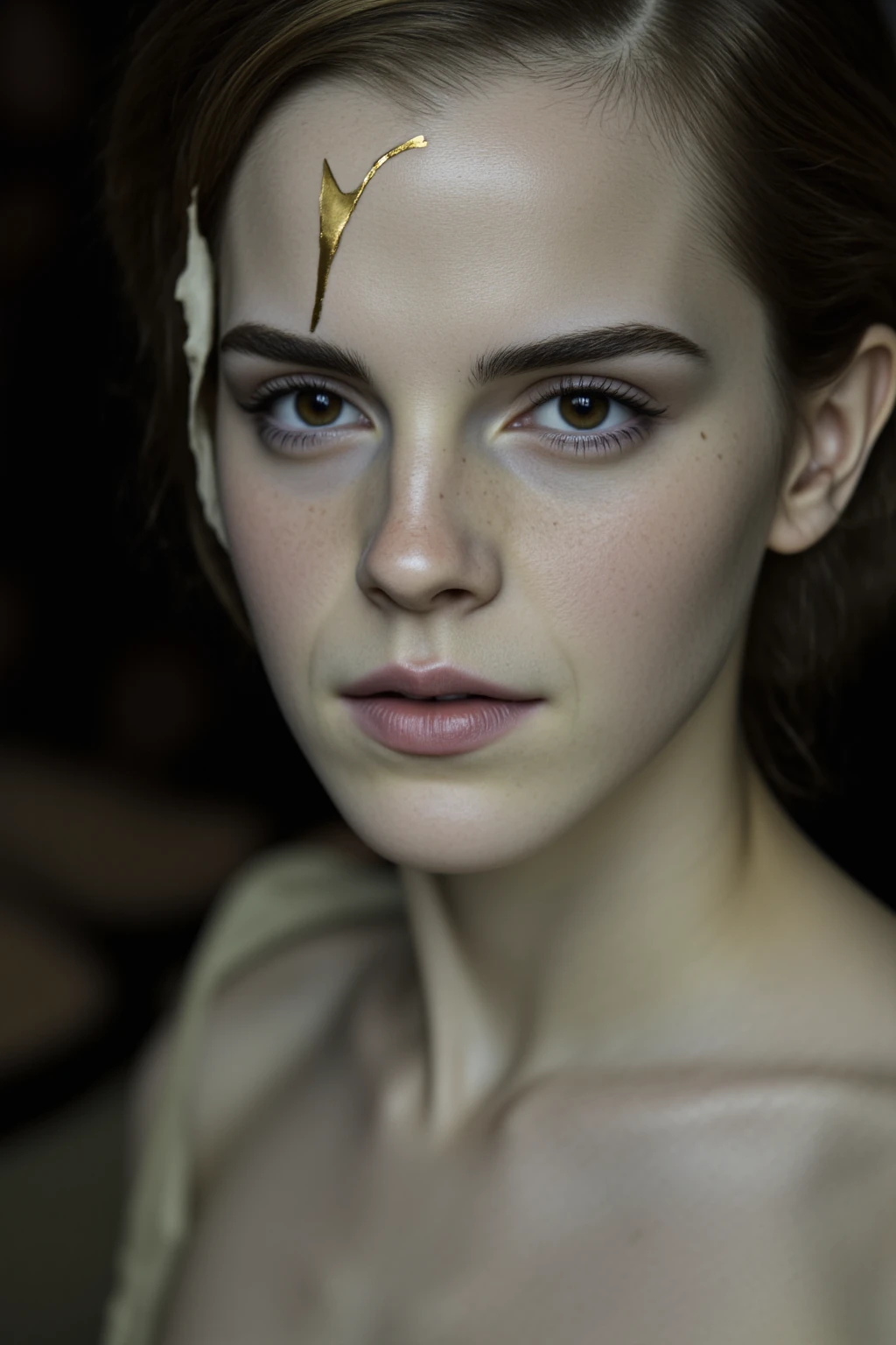 Haunting hyperrealistic portrait of Emma Watson, her porcelain-like skin intricately shattered, golden kintsugi lines weaving through cracks. Intense gaze, one eye intact, the other fragmented. Soft side-lighting accentuates textures. Background fades into shadowy obscurity. Symbolizes resilience and beauty in imperfection.