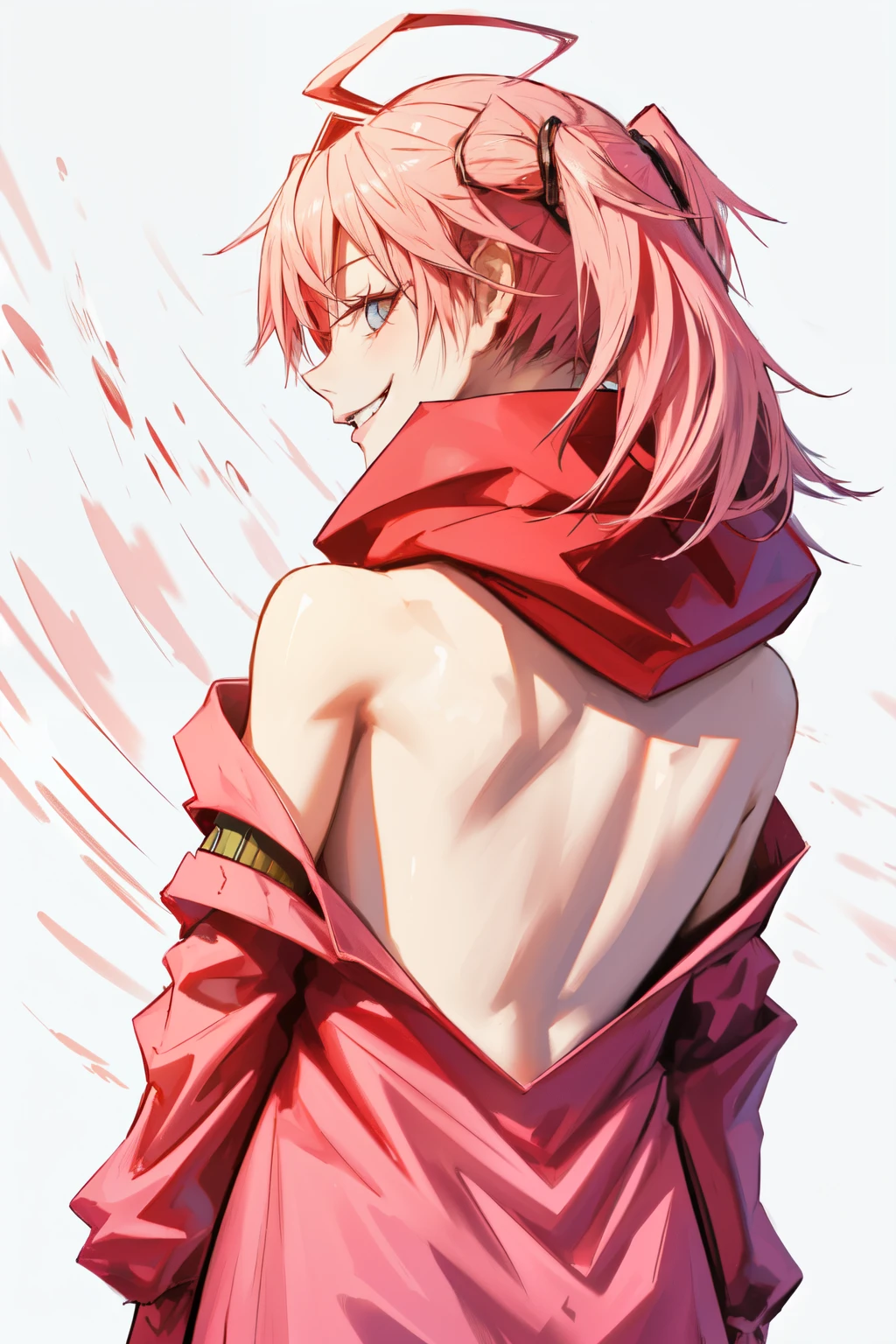masterpiece, Best Quality , absurdres, highres icon, light smile ,( malevolent smile , shaded face:1.2),
1 , rnd1, pink hair, twintails, long hair, pink shirt, (pink hooded coat:1.2), open jacket,
( white background:1.4),( upper body , from behind:1.6), looking back,