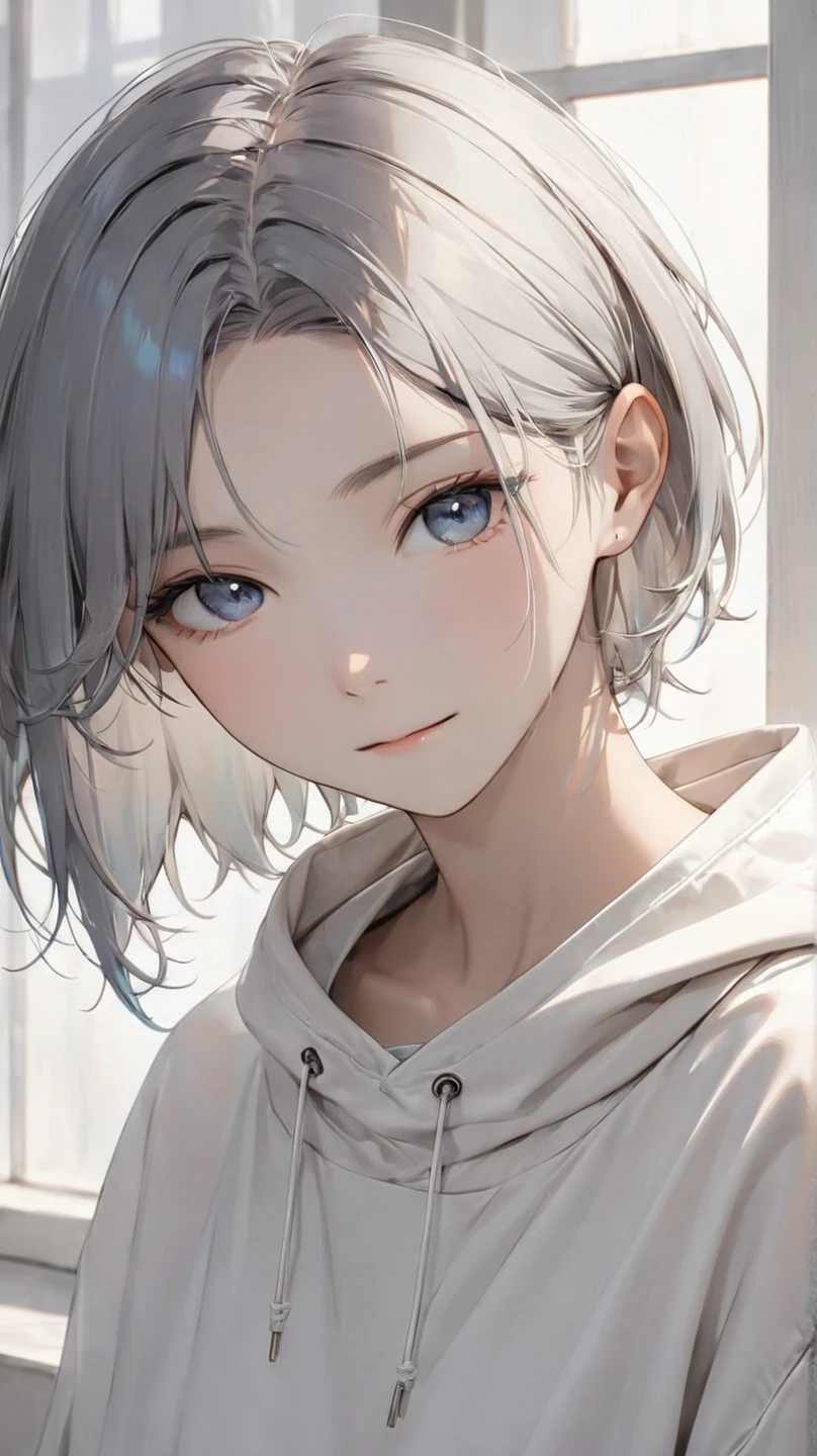 (8k, best quality, masterpiece:1.5), a calm and introspective young woman, short slightly tousled light gray hair with a faint bluish tint, sleek and casual hairstyle with soft layers, boyish and androgynous charm, serene expression, subtle and gentle smile, minimalist and casual outfit, modern streetwear elements, oversized hoodie or plain t-shirt, relaxed-fit pants in neutral tones, soft natural light, tranquil and dreamy mood, ethereal and mysterious atmosphere,  pixie cut, clear skin, vibrant colors, simple background, dark gray hair with side undercut, forehead, low hair volume, Parted Bangs, shaved sides hair, 