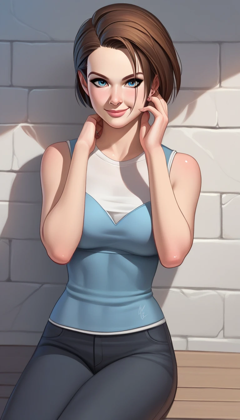 from dive, support the arm in wall coping and Hand Resting on Face, high resolution, detailed, ultra detailed, 8k, ultra sharp, masterpiece, 1female (JillValentineRE3:remake1.3) Jill Valentine, sleeveless shirt, pants, game character (corrects hands) (corrects anatomy) athletic, layered bob haircut with side parting (little smile) park, natural environment.