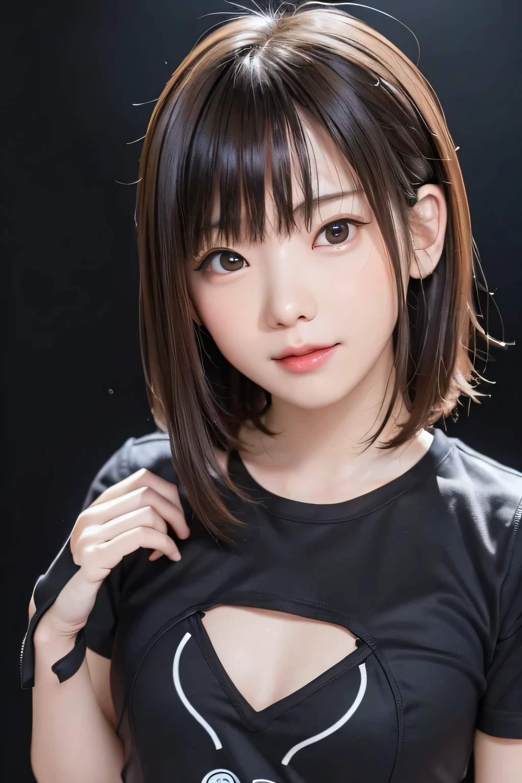 (masterpiece、 best quality、 Super detailed description、 ultra high resolution)、((Face Shot))、 girl、solo、((small chest))、cute、 idol face、Half Smile、( realistic skin:1.2)、((Jet black background))、( background blur :1.3)、t-shirt、Front closure