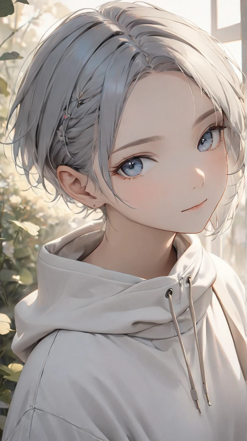 (8k, best quality, masterpiece:1.5), a calm and introspective young woman, short slightly tousled light gray hair with a faint bluish tint, sleek and casual hairstyle with soft layers, boyish and androgynous charm, serene expression, subtle and gentle smile, minimalist and casual outfit, modern streetwear elements, oversized hoodie or plain t-shirt, relaxed-fit pants in neutral tones, soft natural light, tranquil and dreamy mood, ethereal and mysterious atmosphere,  pixie cut, clear skin, vibrant colors, simple background, dark gray hair with side undercut, forehead, low hair volume, Parted Bangs, shaved sides hair, 