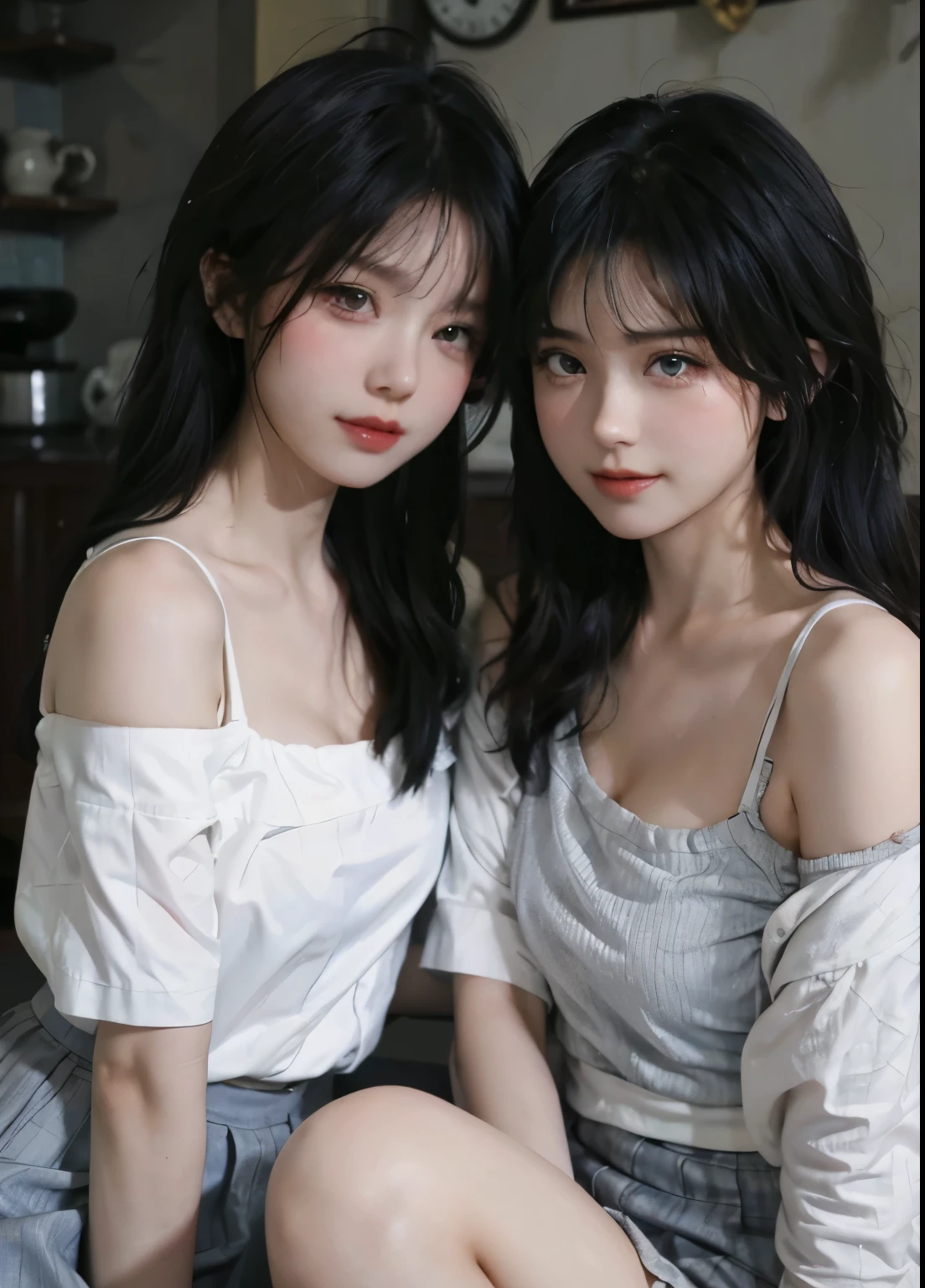 best qualtiy， super high resolution， （realisticlying：1.4）， twincest， A pair of clear and moving peach blossom eyes,Royal Sister，Off-shoulder white shirt， Black tight skirt，  （Faded gray-gray hair：1.2）， （big cleavage breasts：1.2）， looking at viewert， closeup cleavage ，