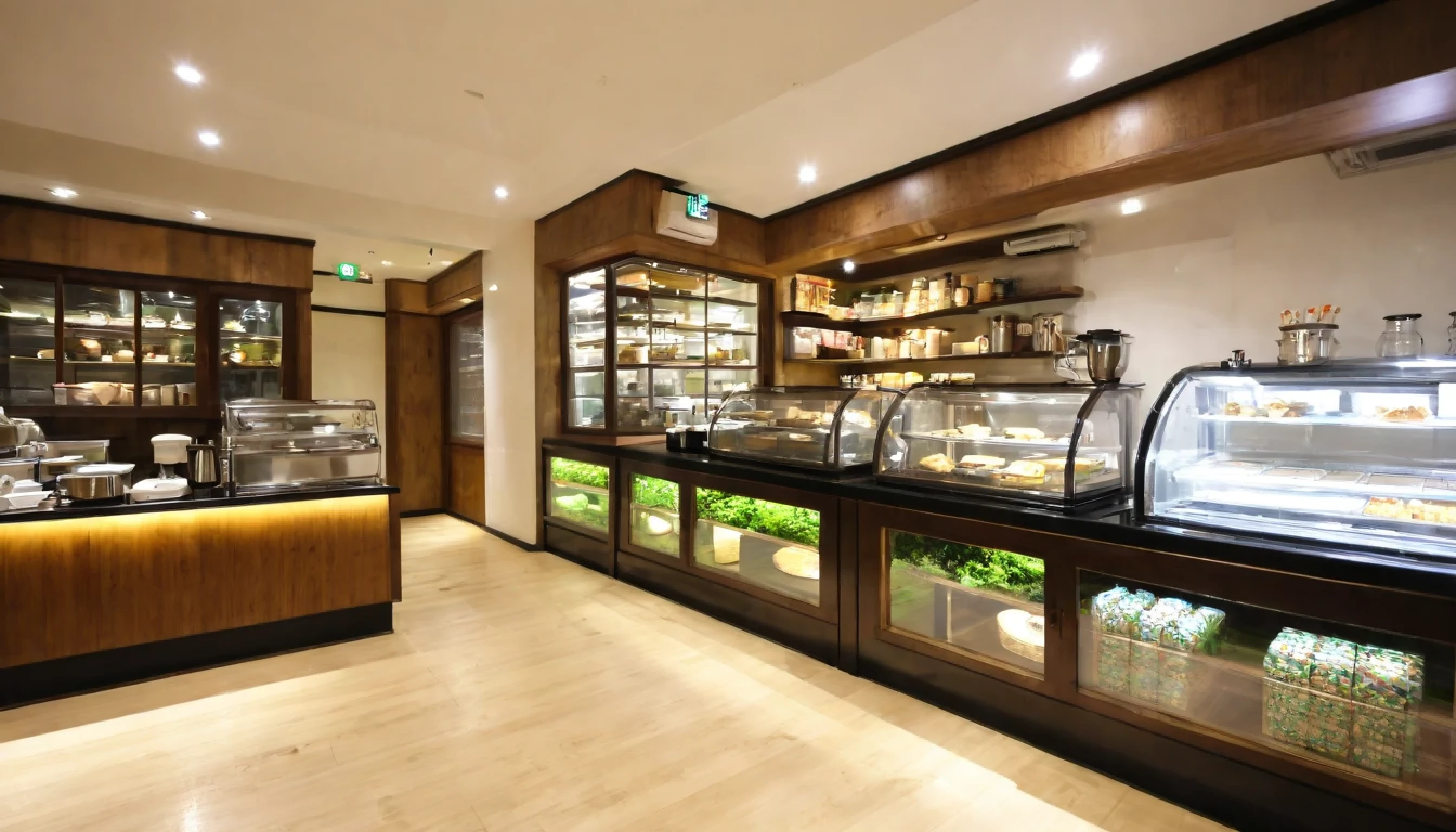 静かな夜、オープンテラスのカフェテーブルの上にコーヒー、The inside of a cafe similar to Starbucks, a showcase lined with sweets, a steaming kitchen, top quality