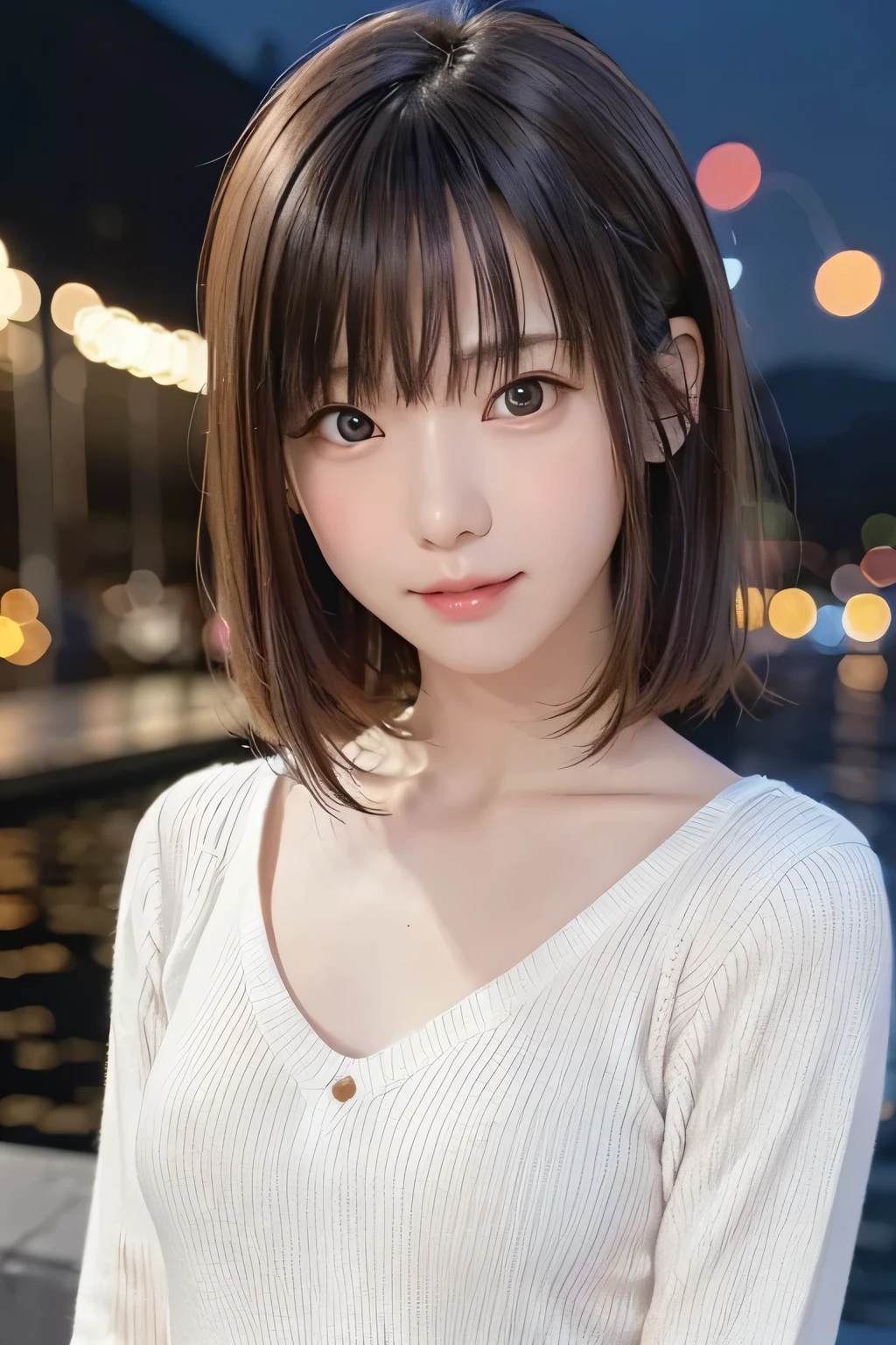 (masterpiece、 best quality、 Super detailed description、 ultra high resolution)、((Face Shot))、 girl、solo、((small chest))、cute、 idol face、Half Smile、( realistic skin:1.2)、((Night view))、( background blur :1.3)、sweater、Front closure