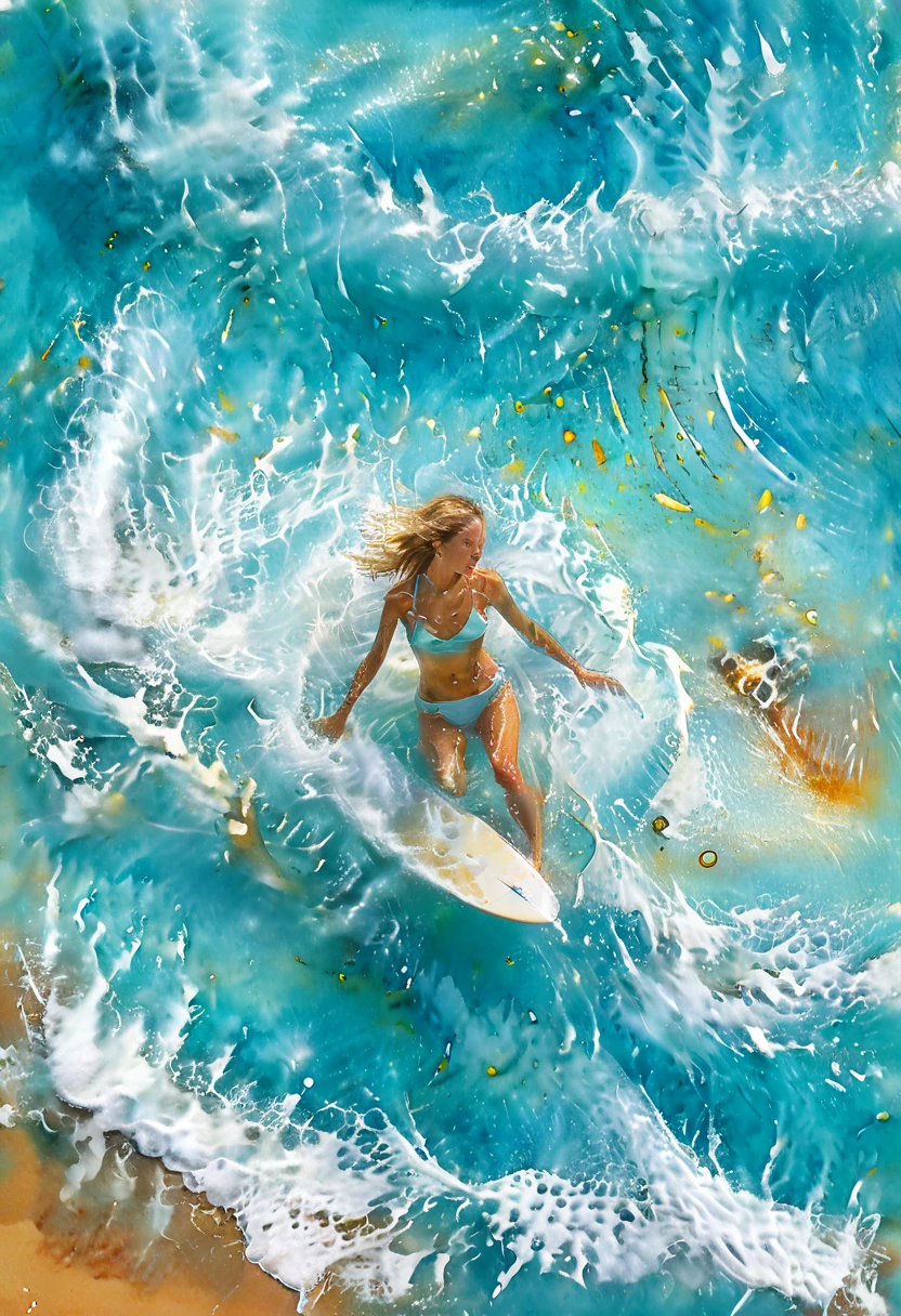 aerial view of surfer girl inside a curling ocean wave, Jan Matson watercolor style, wet in wet technique, dynamic turquoise water with white foam spray, golden sandy beach, transparent aqua blues, impressionistic water movement, summer beach scene, swirling wave pattern, watercolor splashes, fluid motion, atmospheric ocean spray, dramatic perspective, artstation trending, fine art watercolor, ocean power meets human grace