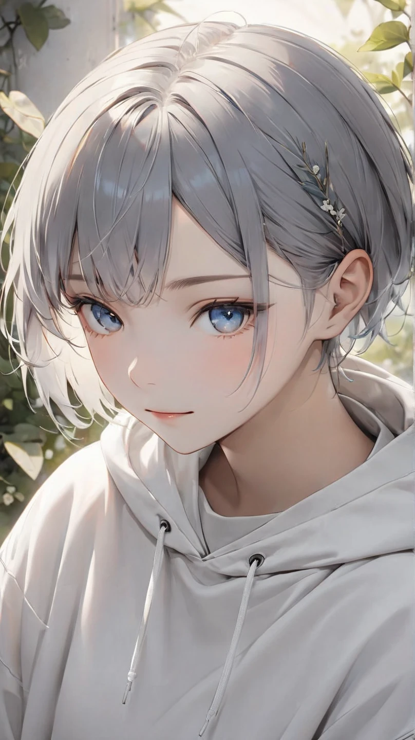 (8k, best quality, masterpiece:1.5), a calm and introspective young woman, short slightly tousled light gray hair with a faint bluish tint, sleek and casual hairstyle with soft layers, boyish and androgynous charm, serene expression, subtle and gentle smile, minimalist and casual outfit, modern streetwear elements, oversized hoodie or plain t-shirt, relaxed-fit pants in neutral tones, soft natural light, tranquil and dreamy mood, ethereal and mysterious atmosphere,  pixie cut, clear skin, vibrant colors, simple background, dark gray hair with side undercut, forehead, Parted Bangs, shaved sides hair, 