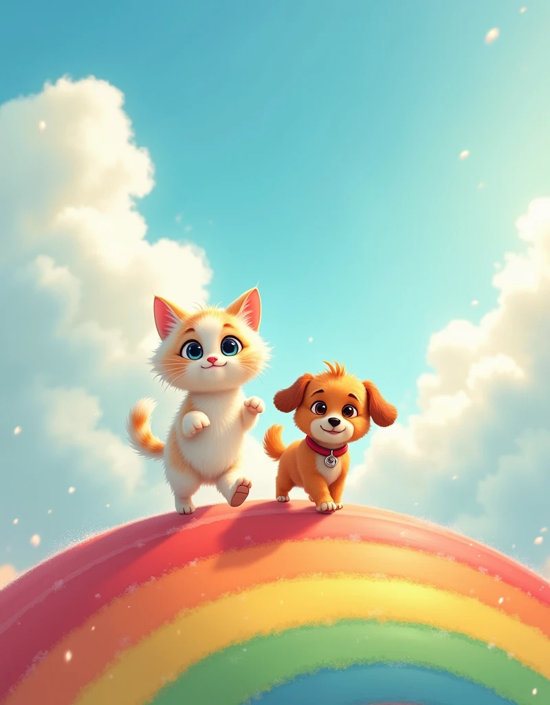  a cute kitty and a funny dog are marching(весело идут across the rainbow to the clouds ) across the rainbow to the clouds , cute style, kindness , funny ,Pixar,hand drawn style,