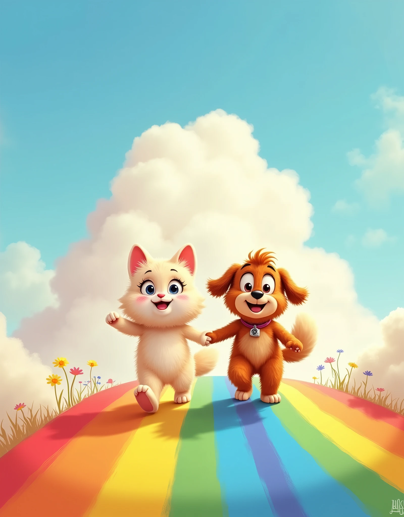  a cute kitty and a funny dog are marching(весело идут across the rainbow to the clouds ) across the rainbow to the clouds , cute style, kindness , funny ,Pixar,hand drawn style,