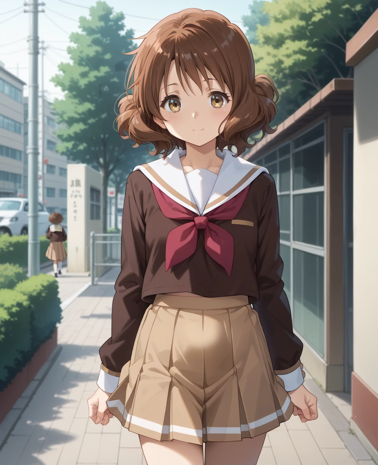  one girl with brown hair sticking forward 、kumiko oumae (kumiko oumae, brown eyes, brown hair, short hair, wavy hair,)(skirt, shirt, long sleeves, school uniform, pleated skirt,  serafuku, neckerchief, brown skirt, white sailor collar, brown shirt, kitauji high school uniform, red neckerchief,),  sticking forward facing down and chuckle 、abdominal bulge, Walking on the sidewalk、 pat your stomach with your hands sticking forward 、 place your palm on your abdomen、 look over your shoulder 。