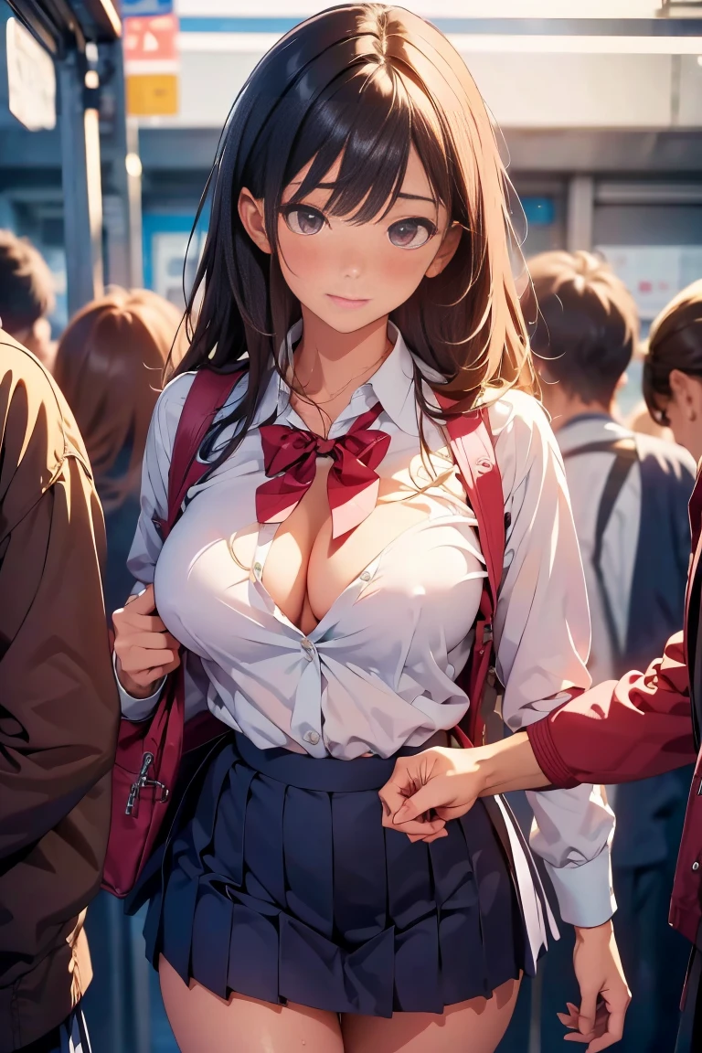 ((masterpiece,Highest quality:1.3,best quality illustration,realistic:1.3)),cowboy shot,独奏,1woman,(20-year-old、Japanese Beauty)、brown hair,long hair,center parted bangs,brown eyes,gorgeous eyes,((very small head:1.3)),shy,Heavy breathing,((very long body:1.2,skinny)),medium breasts,((tan skin:1.3)),(Red ribbon tie、White collared shirt、Long sleeve navy blue pleated mini skirt)),gleaming skin,toned body,slender body、Wet crotch、sweat,on street,Shibuya、Modern Tokyo、