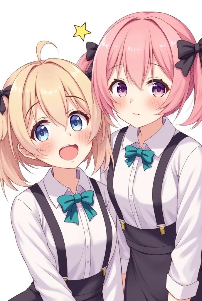 masterpiece, best quality, high resolution, JK,huge, black bow,black bowtie,Blonde hair,bow,bowtie,breast,Hair Bun,Holding Hands,Fingers crossed,Long hair,Looking at the audience,Multiple girls,Pink Hair,pleated skirt,Tuck your shirt into your pants,short hair,skirt,Smile,Tent Shirt，Transparent Clothes，Super short pleated skirt