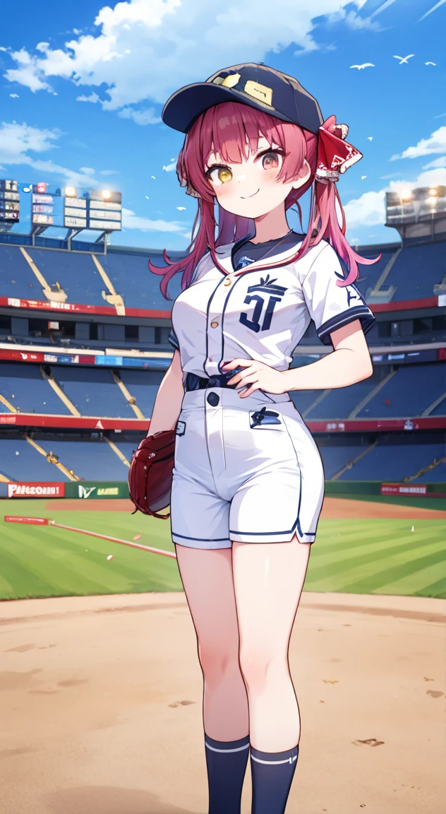  best quality,cute,Hololive houshou Marine,Baseball cap,standing,Baseball uniform,Stadium,Ground,Smile,pitcher