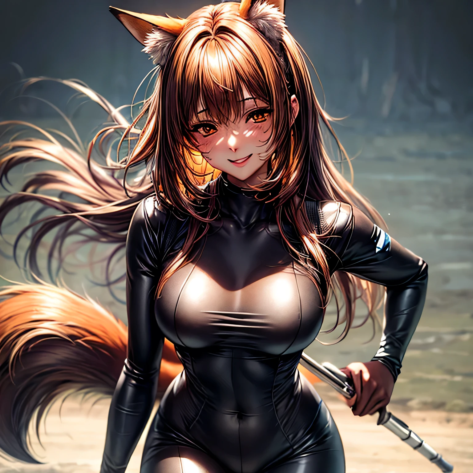 Best quality at best, masterpiece, A high resolution, 8k、intricate-detail、top-quality、ultra-detailliert、The best lighting、Best Shadows、Soft lighting、Ultra HD，solo, orange eyes,  big breasts, bangs, brown hair, brave，25 years old，detailed face，detailed orange eyes，ssmile，cowboy shot，brown fox ears，one brown fox tail，gantz suit，chubby body，round face，tight suit